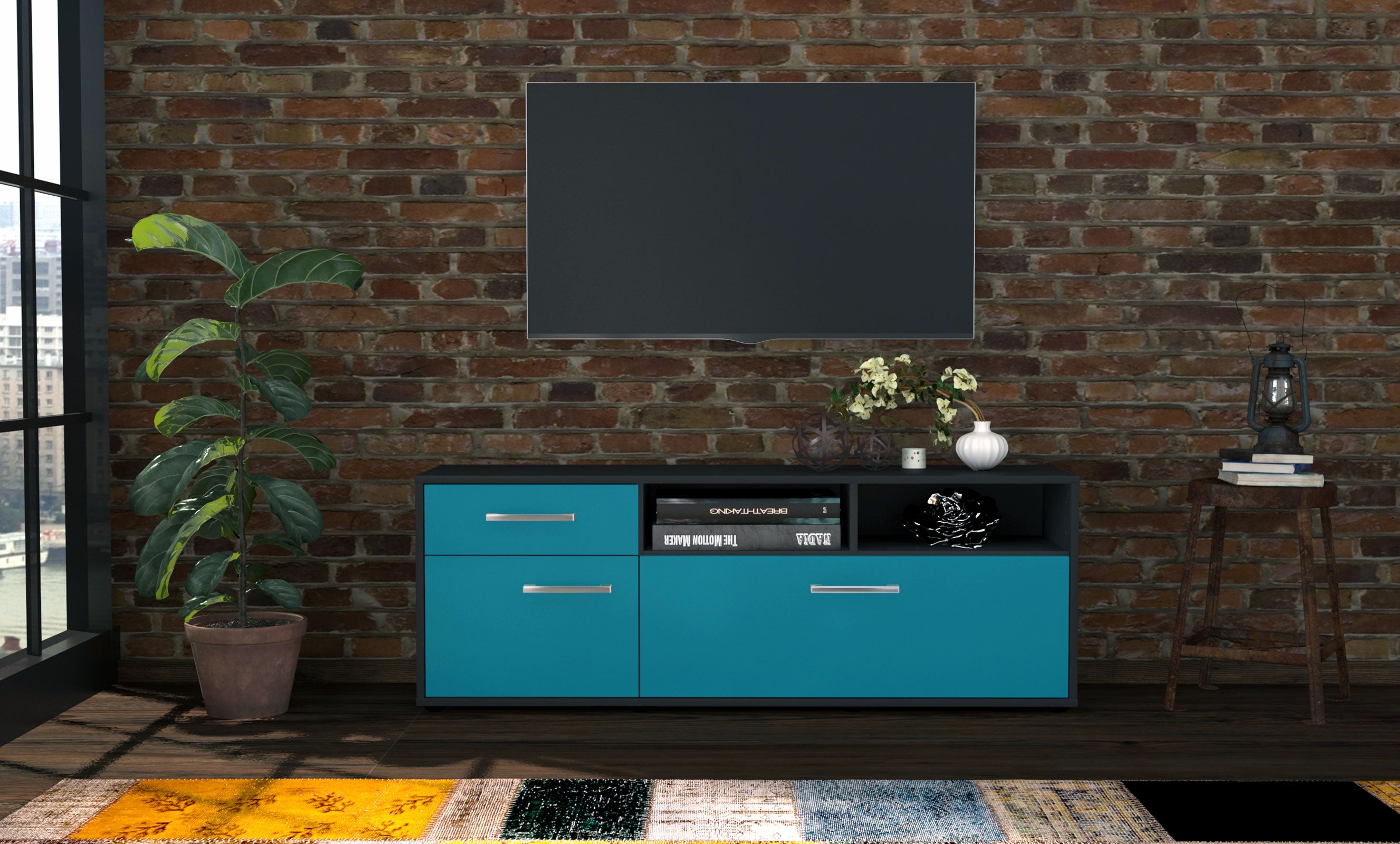 Lowboard - Amisa - Design Farbakzent - Freistehend mit Griffe 136 cm Anthrazit