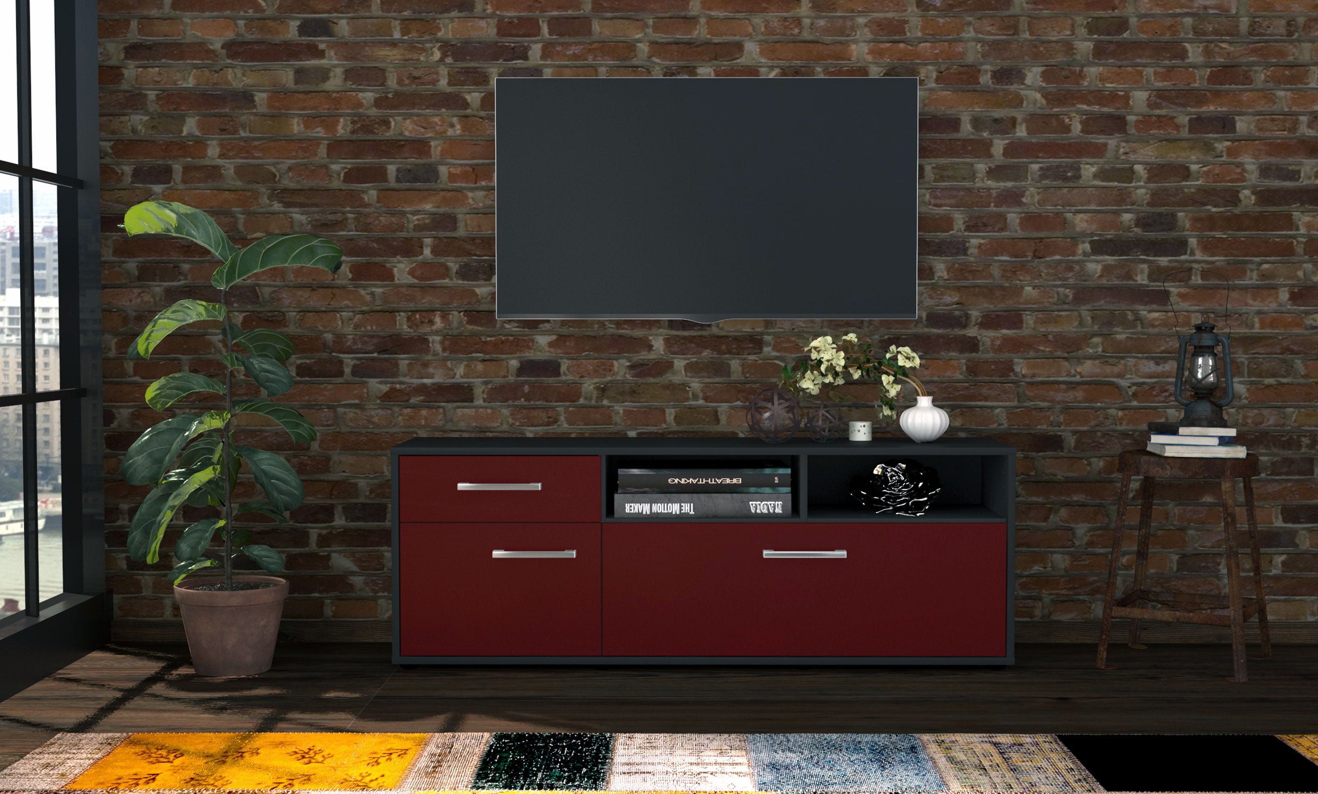 Lowboard - Amisa - Design Farbakzent - Freistehend mit Griffe 136 cm Anthrazit