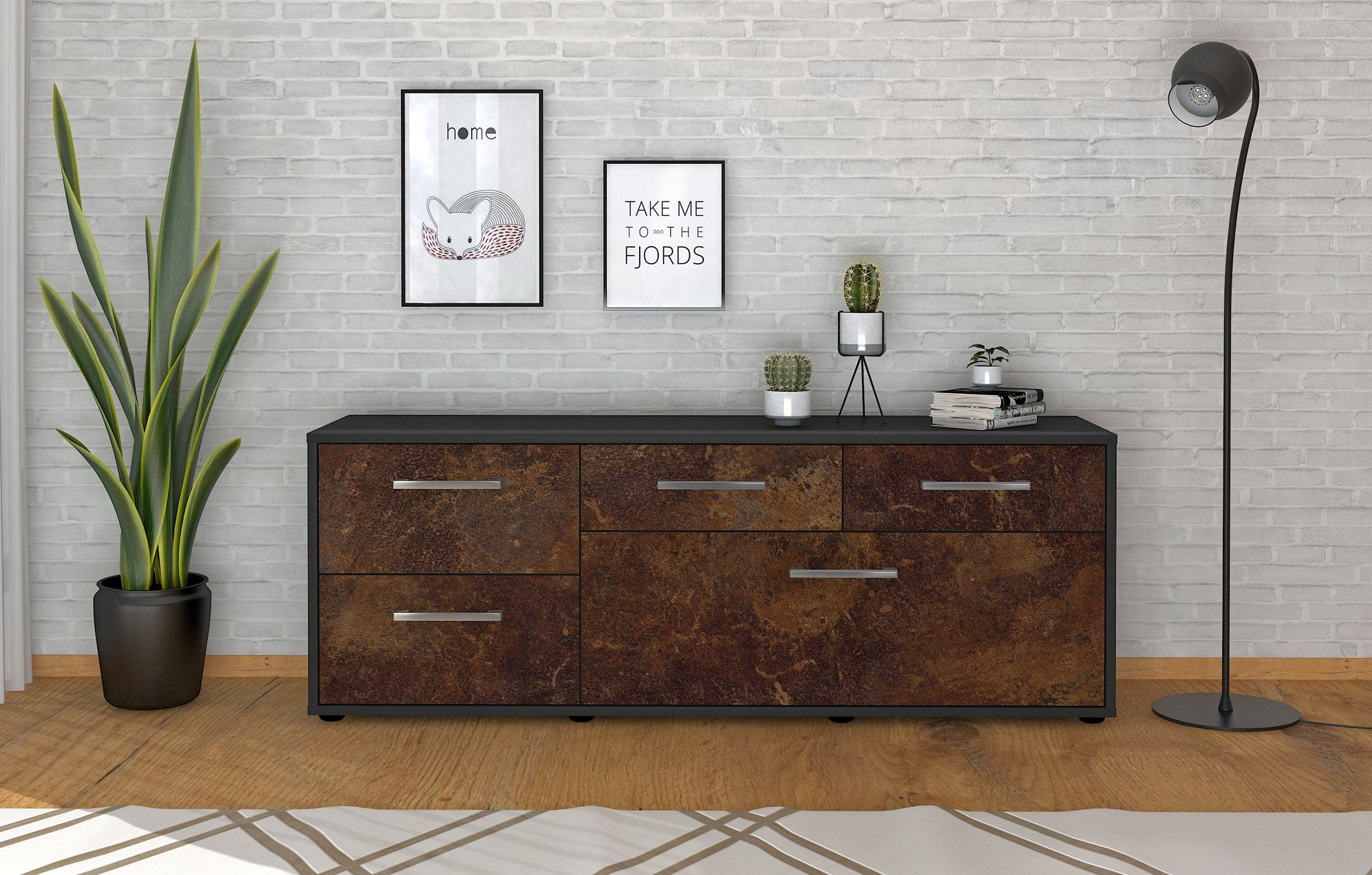 Lowboard - Anais - Design Industrie Stil - Freistehend mit Griffe 136 cm Anthrazit