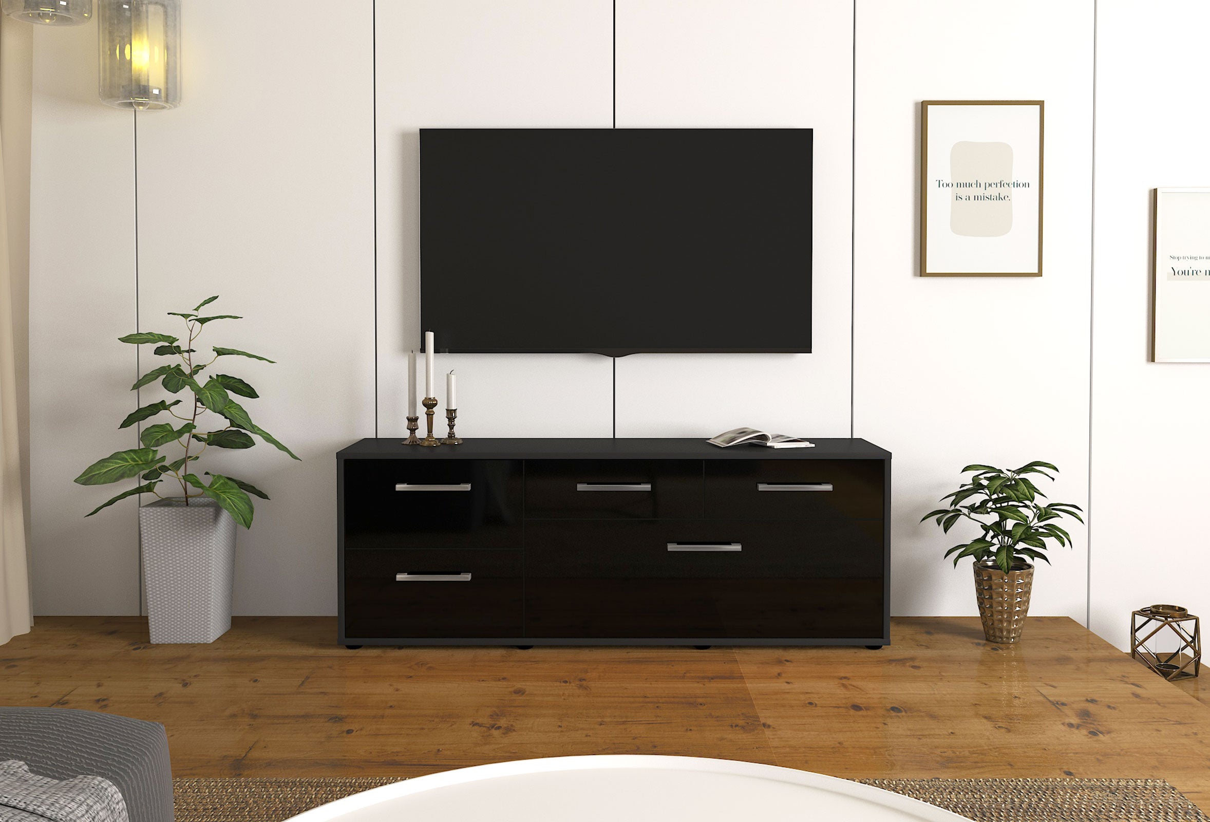 Lowboard - Anais - Design Hochglanz - Freistehend mit Griffe 136 cm Anthrazit