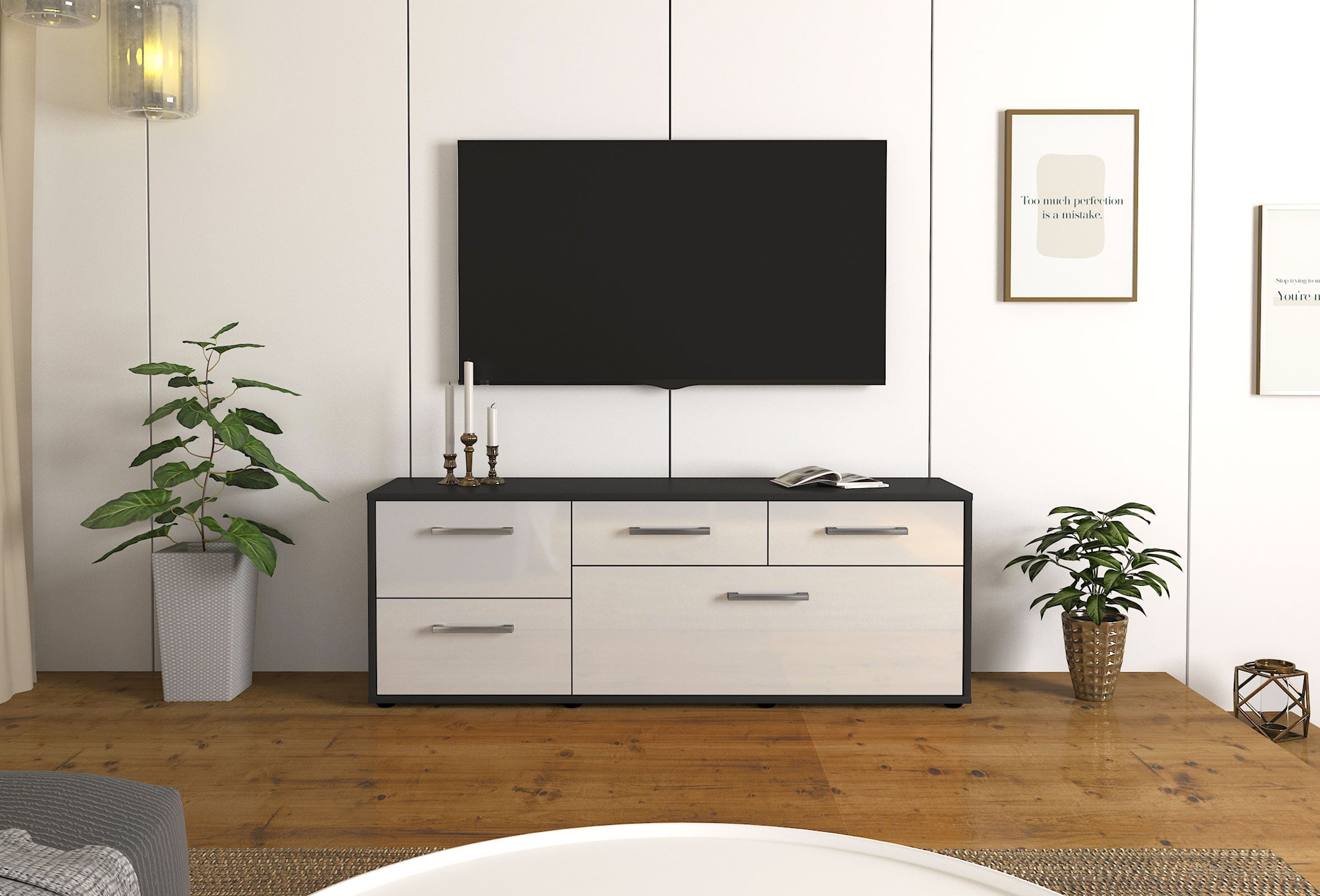 Lowboard - Anais - Design Hochglanz - Freistehend mit Griffe 136 cm Anthrazit
