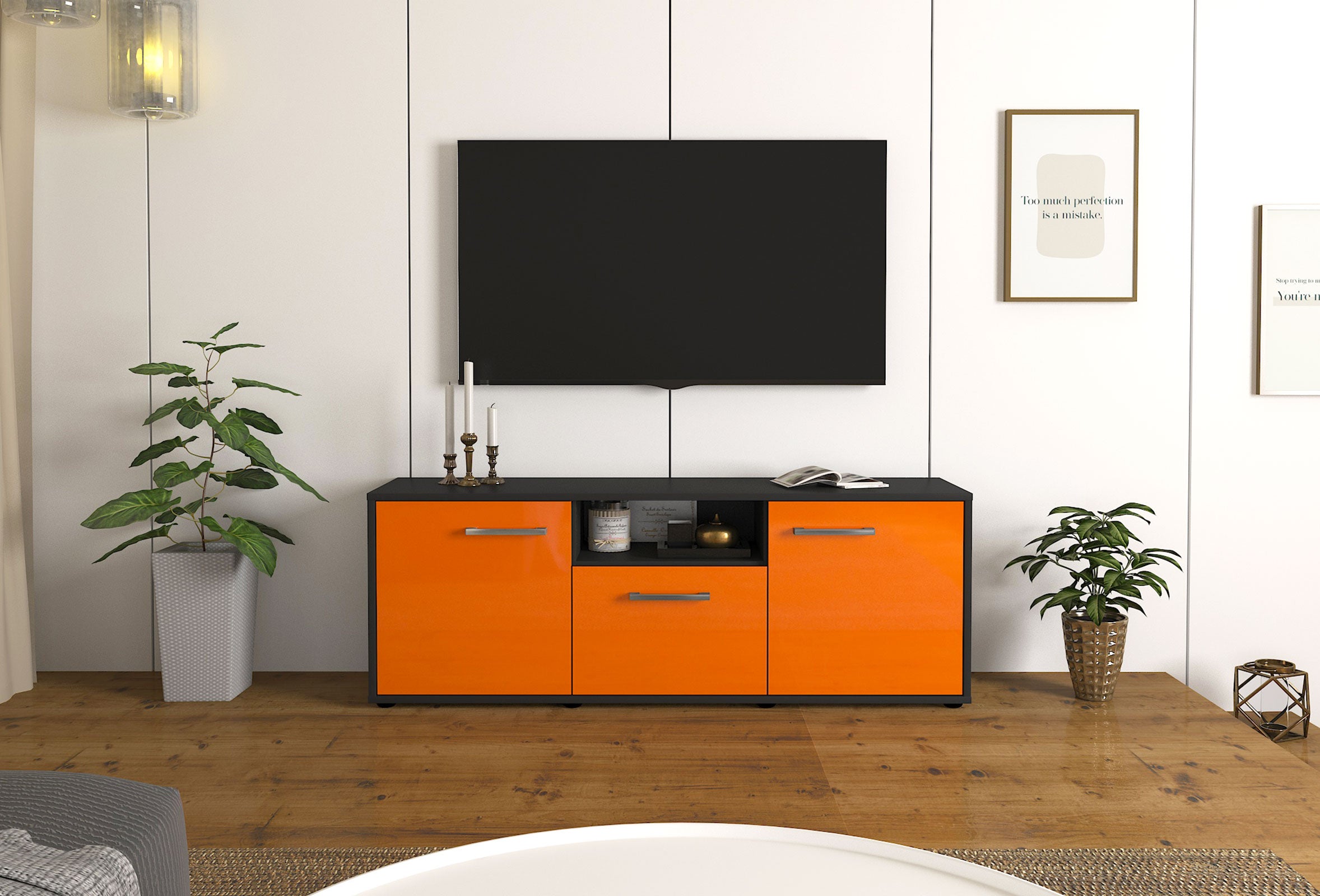 Lowboard - Andreana - Design Hochglanz - Freistehend mit Griffe 136 cm Anthrazit