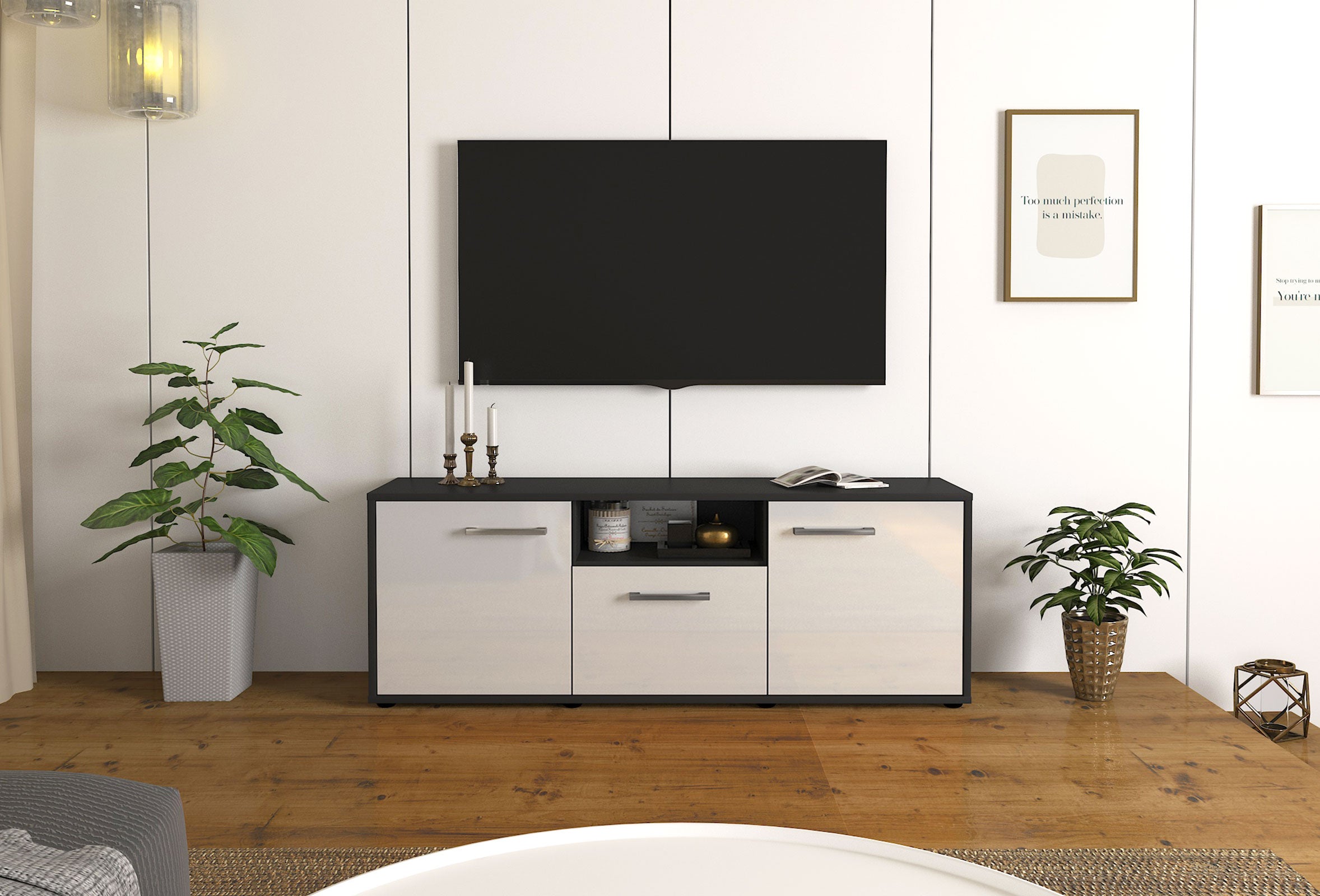 Lowboard - Andreana - Design Hochglanz - Freistehend mit Griffe 136 cm Anthrazit