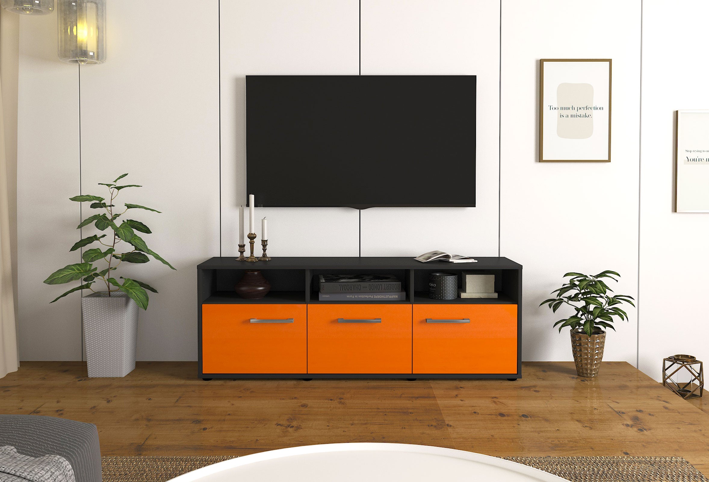 Lowboard - Andrina - Design Hochglanz - Freistehend mit Griffe 136 cm Anthrazit