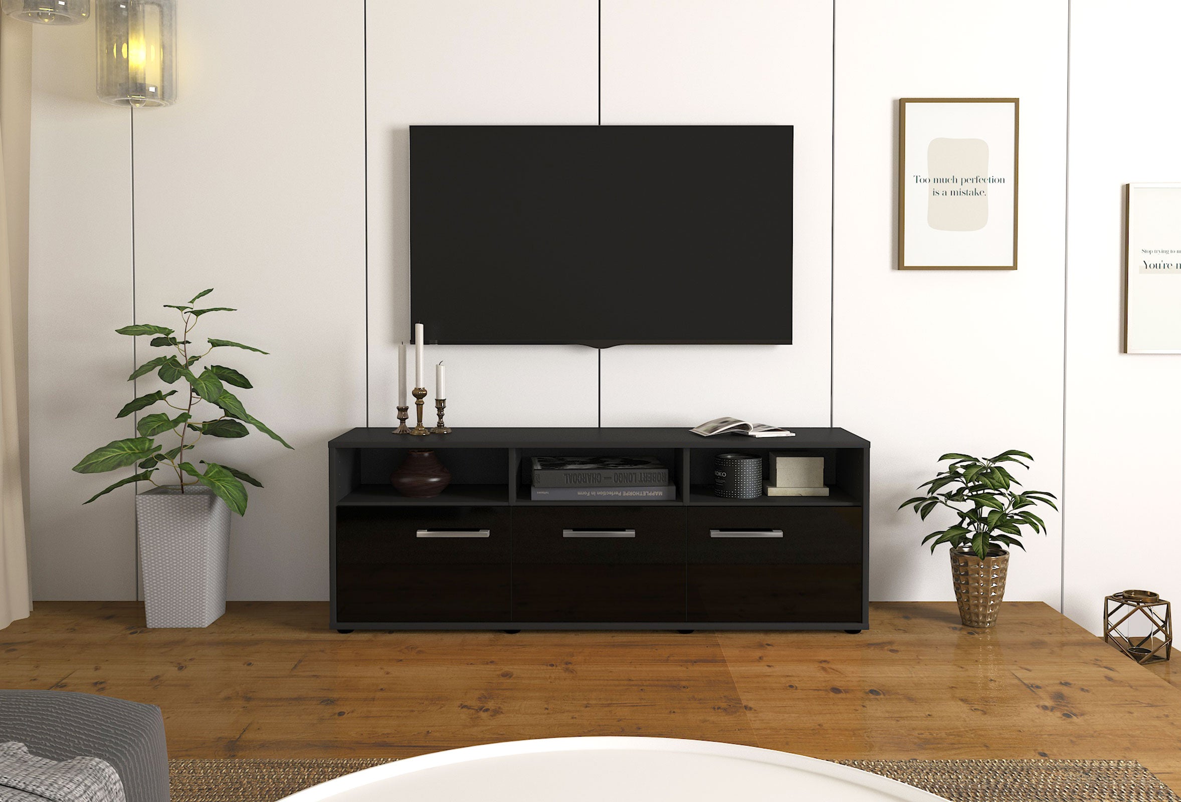Lowboard - Andrina - Design Hochglanz - Freistehend mit Griffe 136 cm Anthrazit