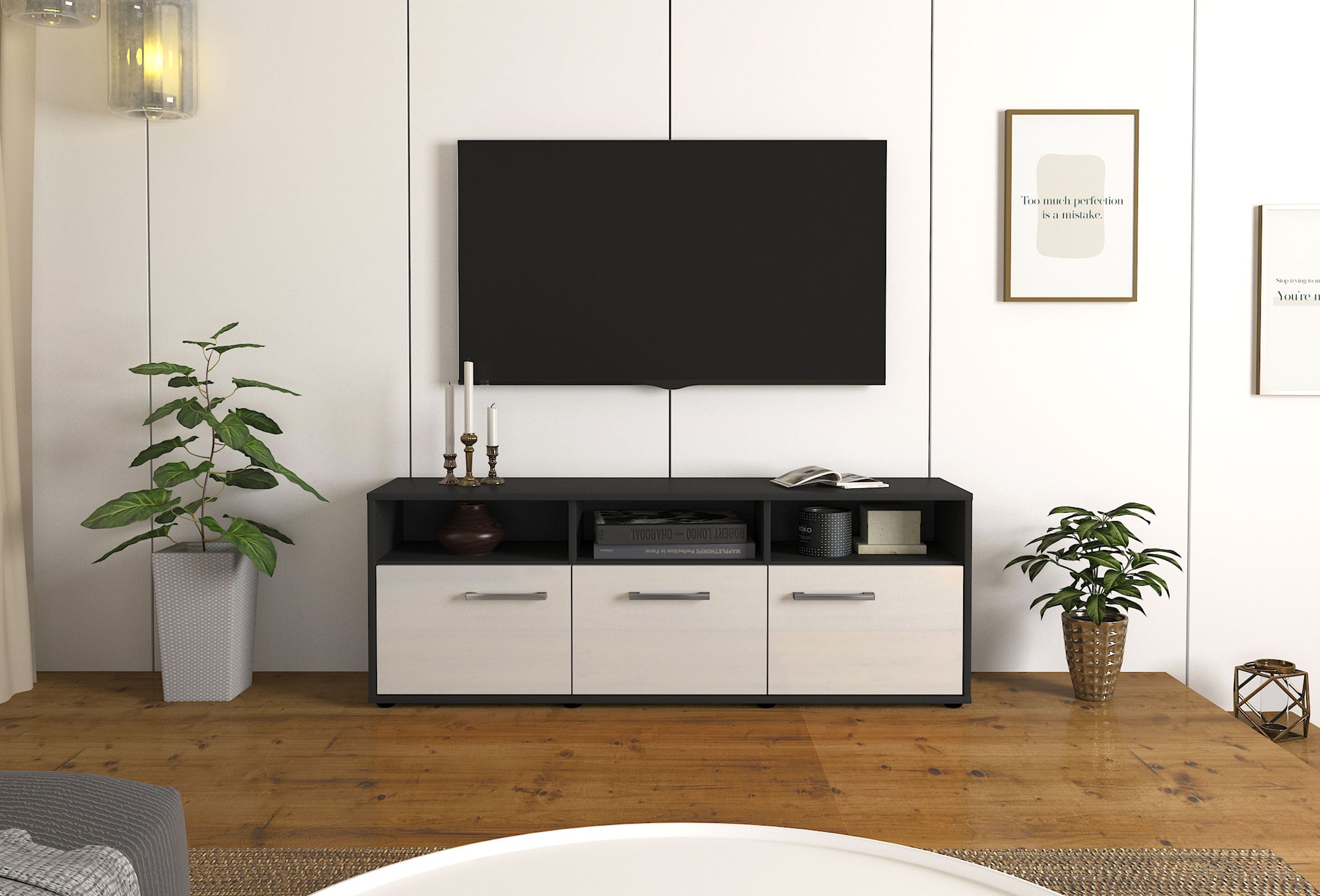 Lowboard - Andrina - Design Hochglanz - Freistehend mit Griffe 136 cm Anthrazit
