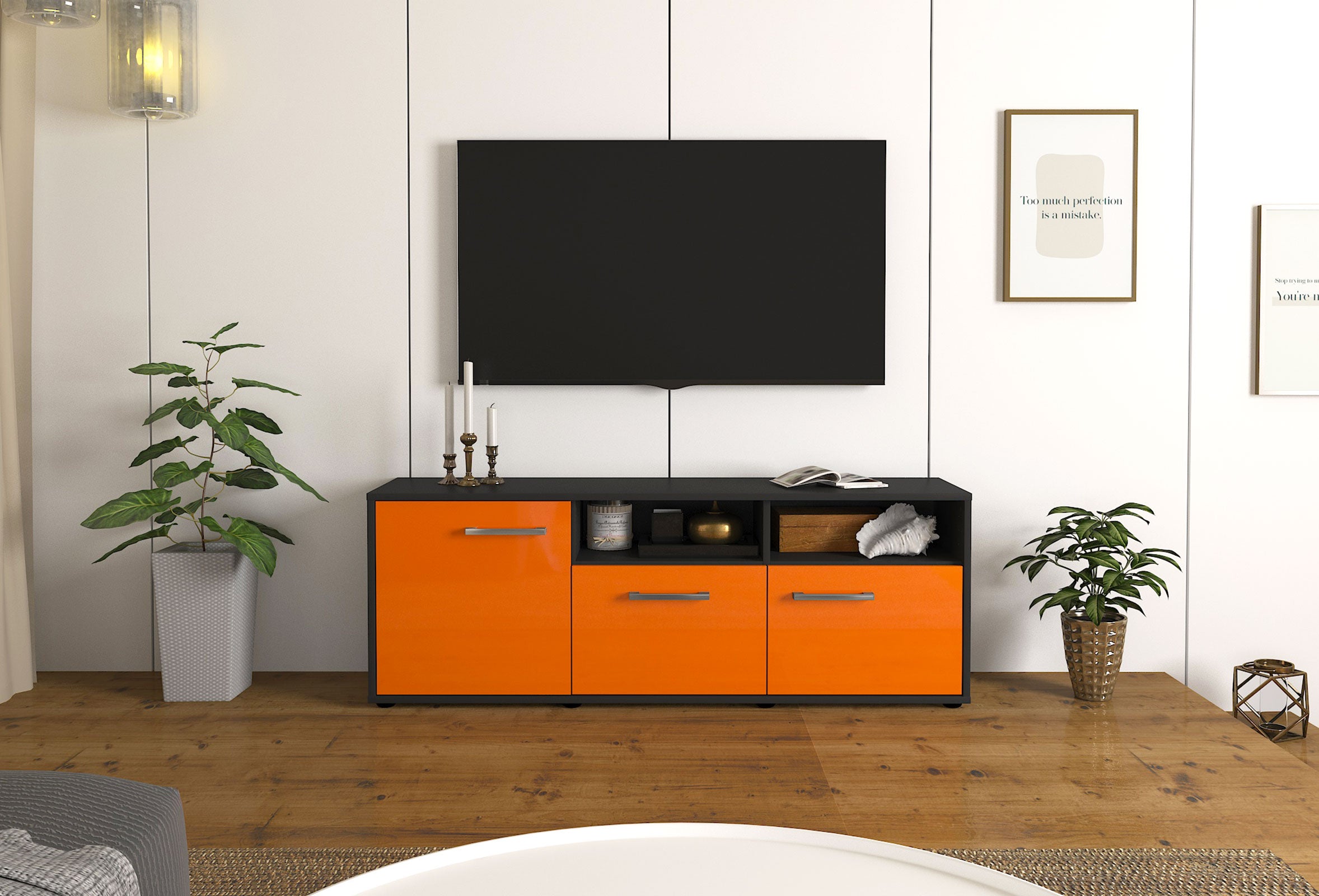 Lowboard - Angelina - Design Hochglanz - Freistehend mit Griffe 136 cm Anthrazit