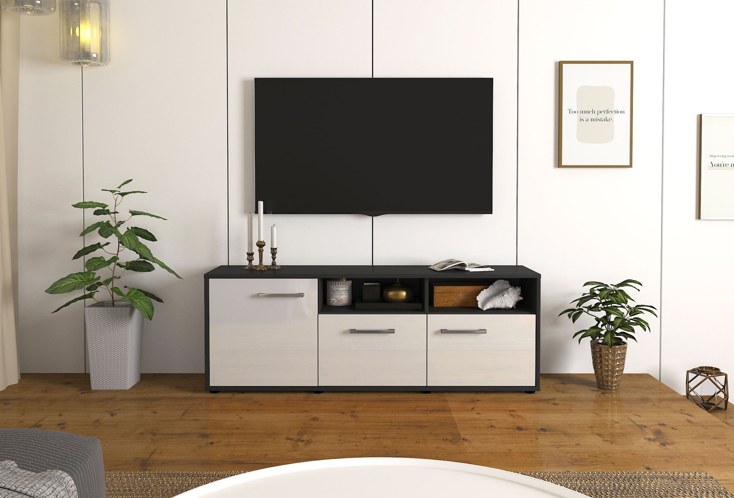 Lowboard - Angelina - Design Hochglanz - Freistehend mit Griffe 136 cm Anthrazit
