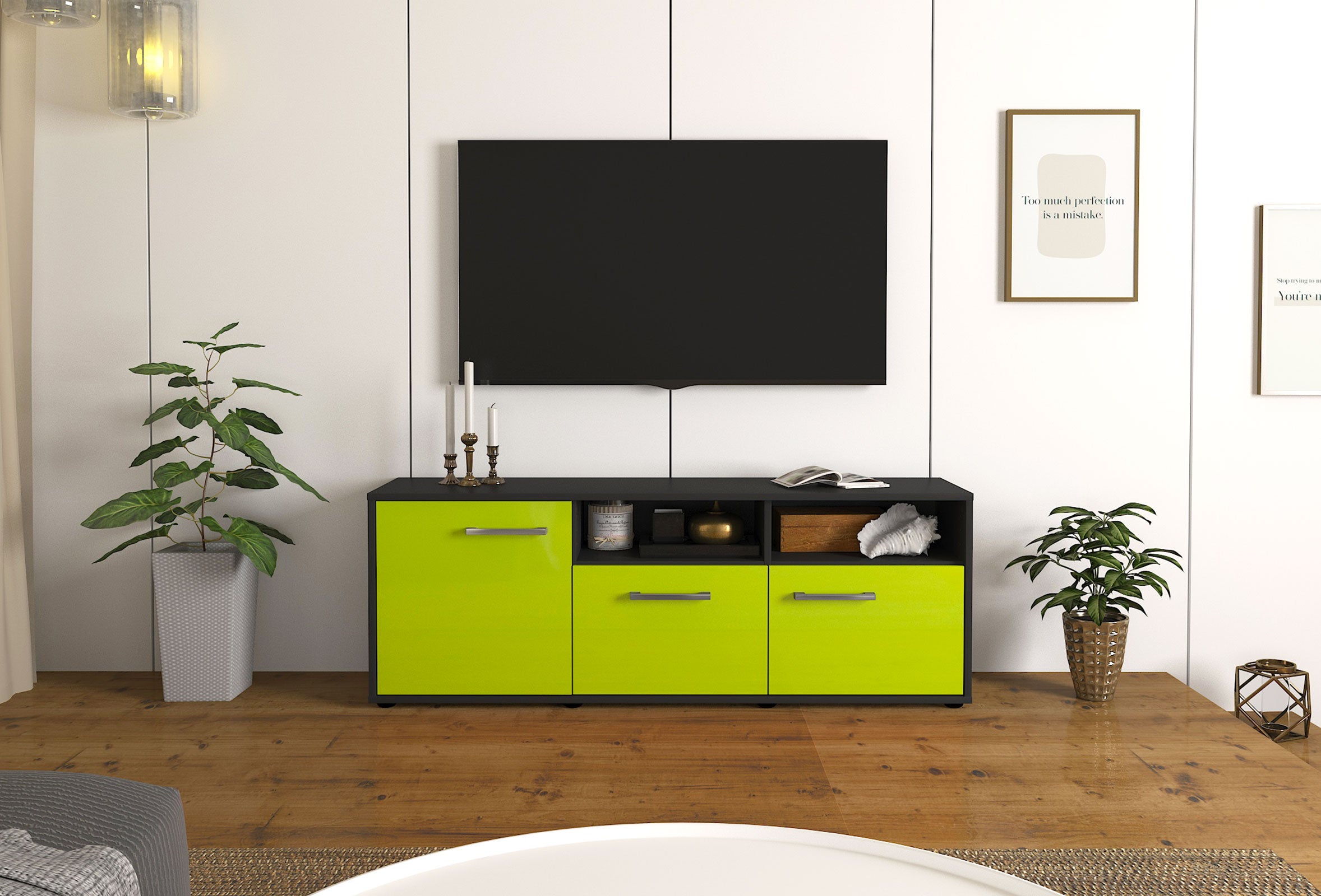 Lowboard - Angelina - Design Hochglanz - Freistehend mit Griffe 136 cm Anthrazit