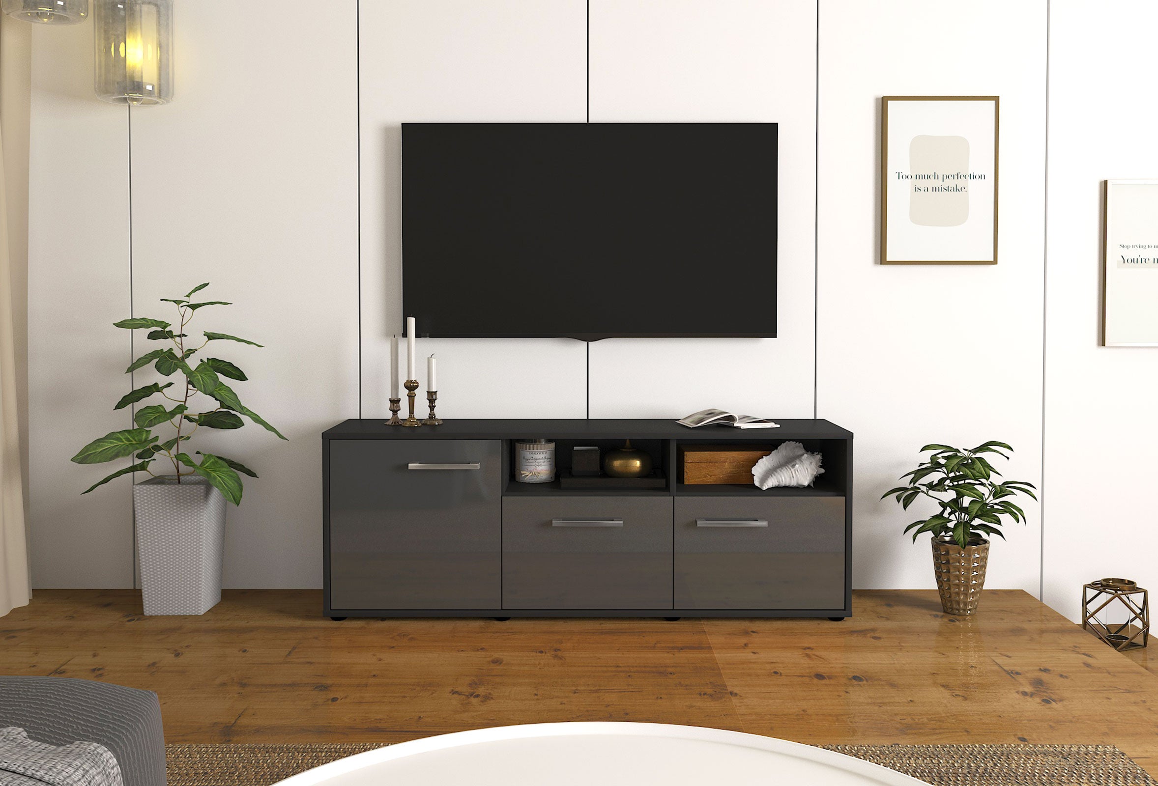 Lowboard - Angelina - Design Hochglanz - Freistehend mit Griffe 136 cm Anthrazit