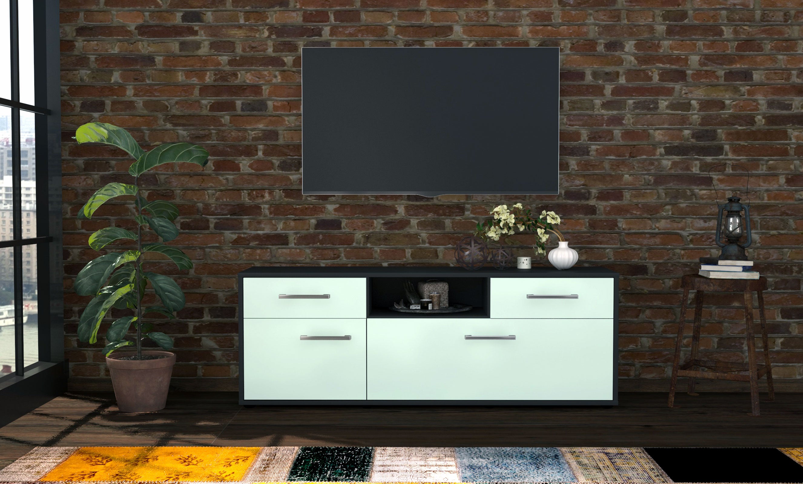 Lowboard - Anita - Design Farbakzent - Freistehend mit Griffe 136 cm Anthrazit