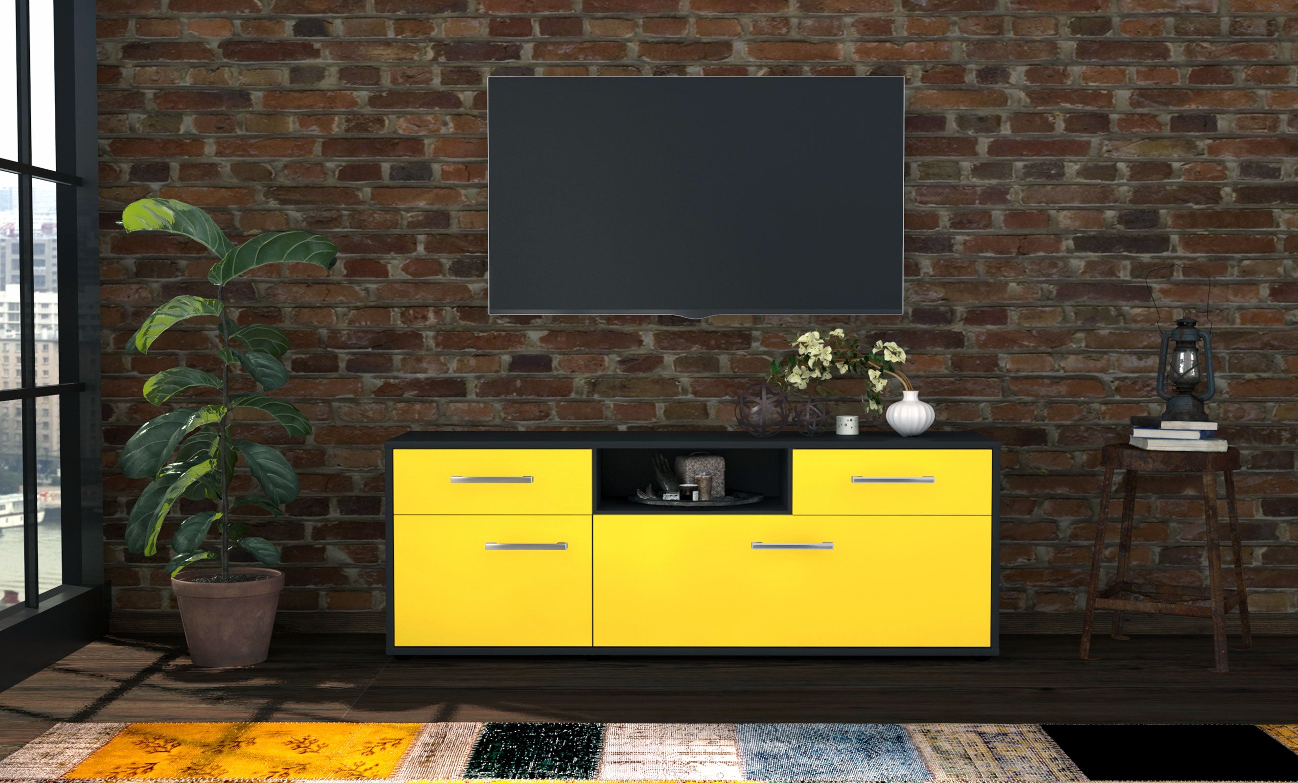 Lowboard - Anita - Design Farbakzent - Freistehend mit Griffe 136 cm Anthrazit