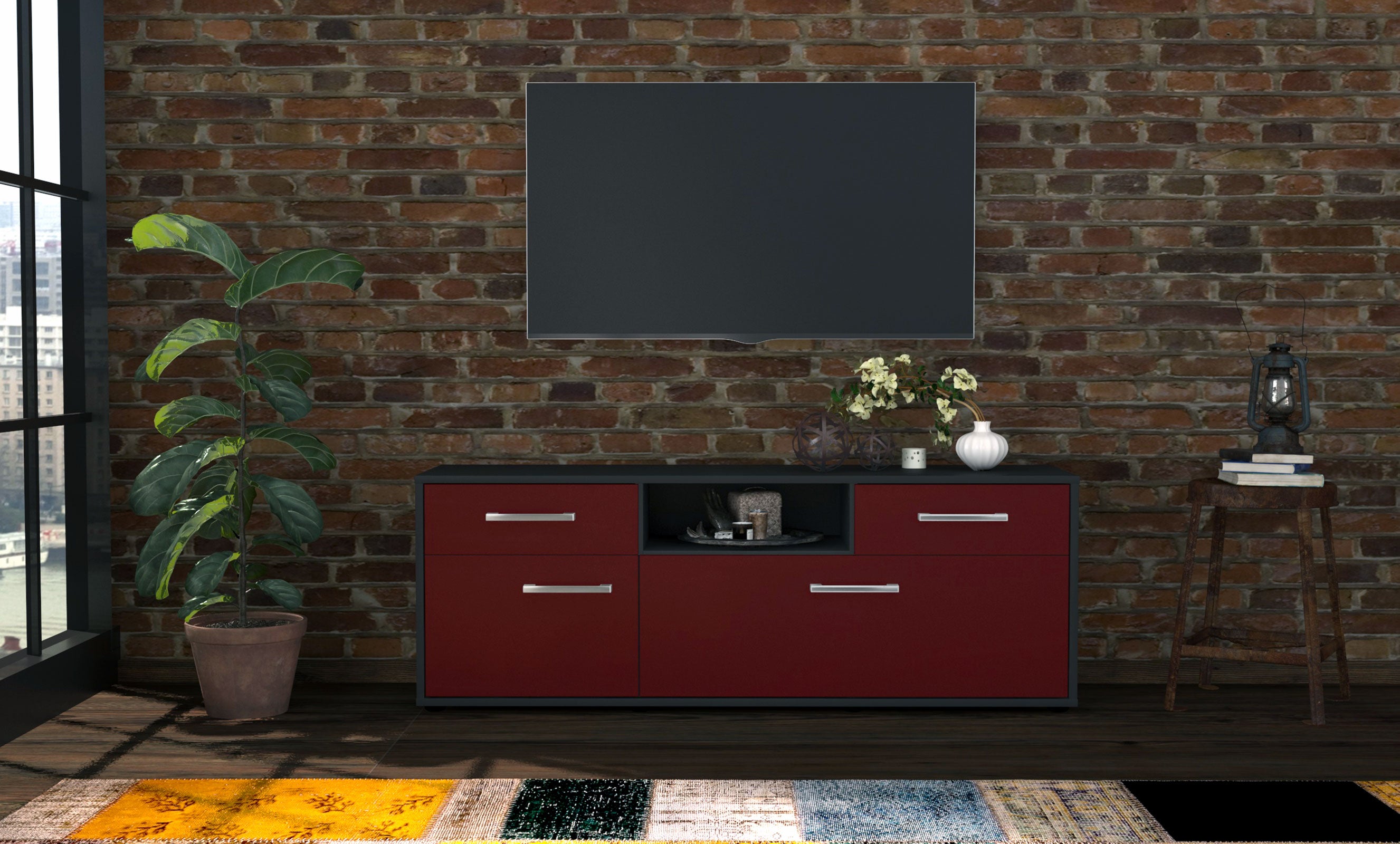 Lowboard - Anita - Design Farbakzent - Freistehend mit Griffe 136 cm Anthrazit