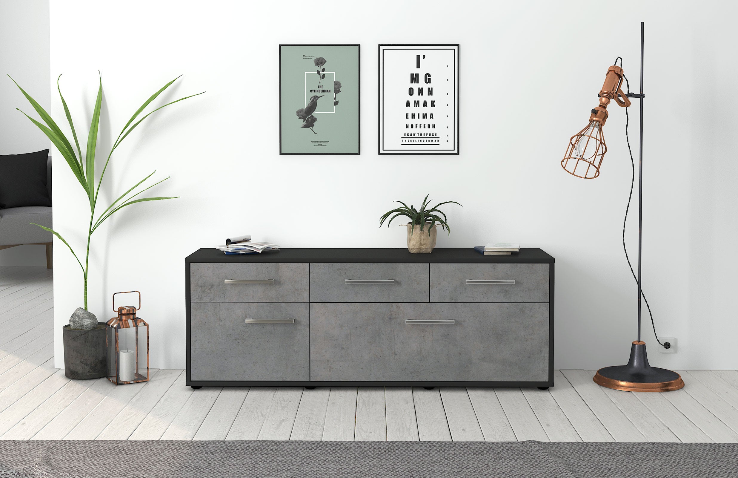 Lowboard - Anjelika - Design Industrie Stil - Freistehend mit Griffe 136 cm Anthrazit
