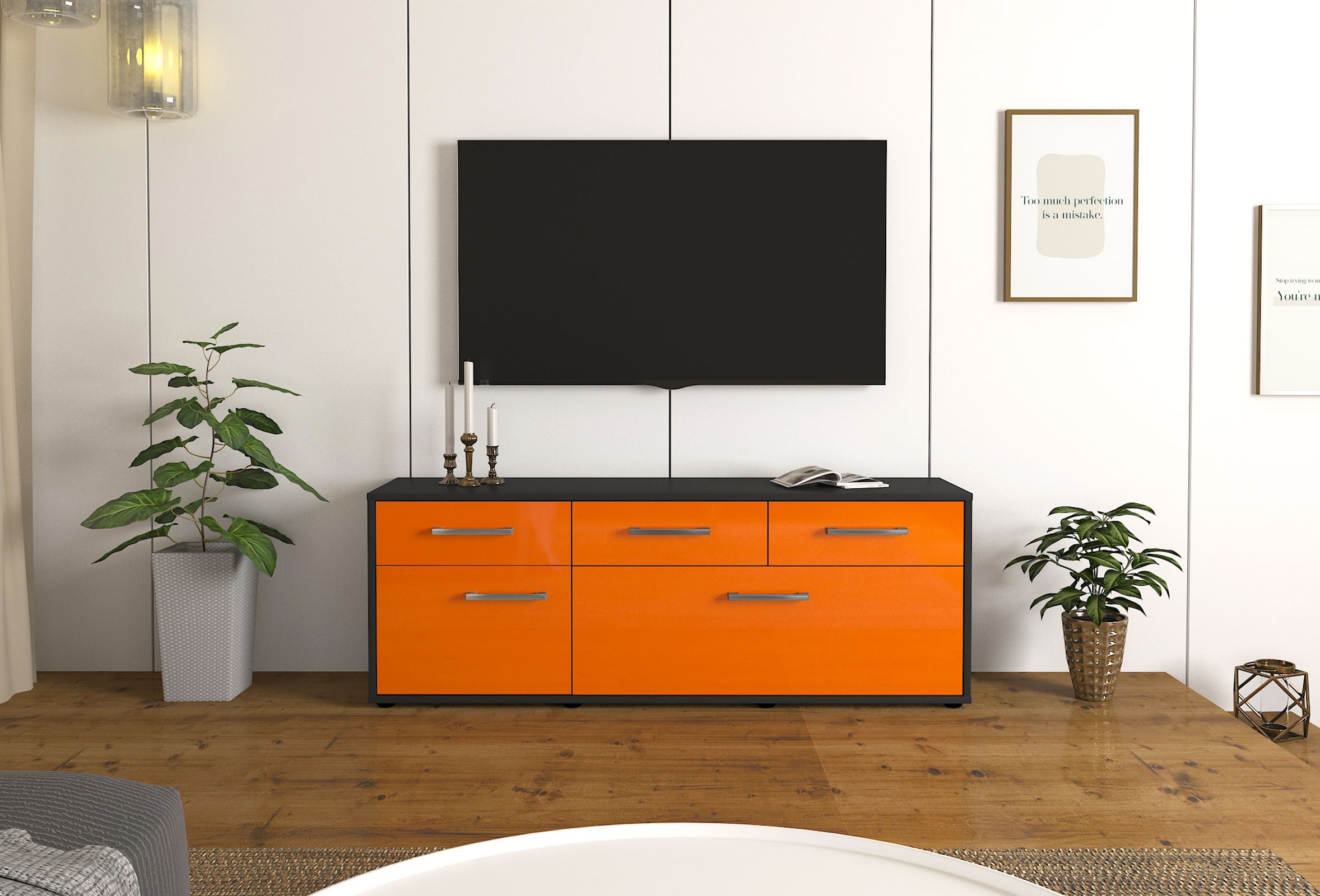 Lowboard - Anjelika - Design Hochglanz - Freistehend mit Griffe 136 cm Anthrazit