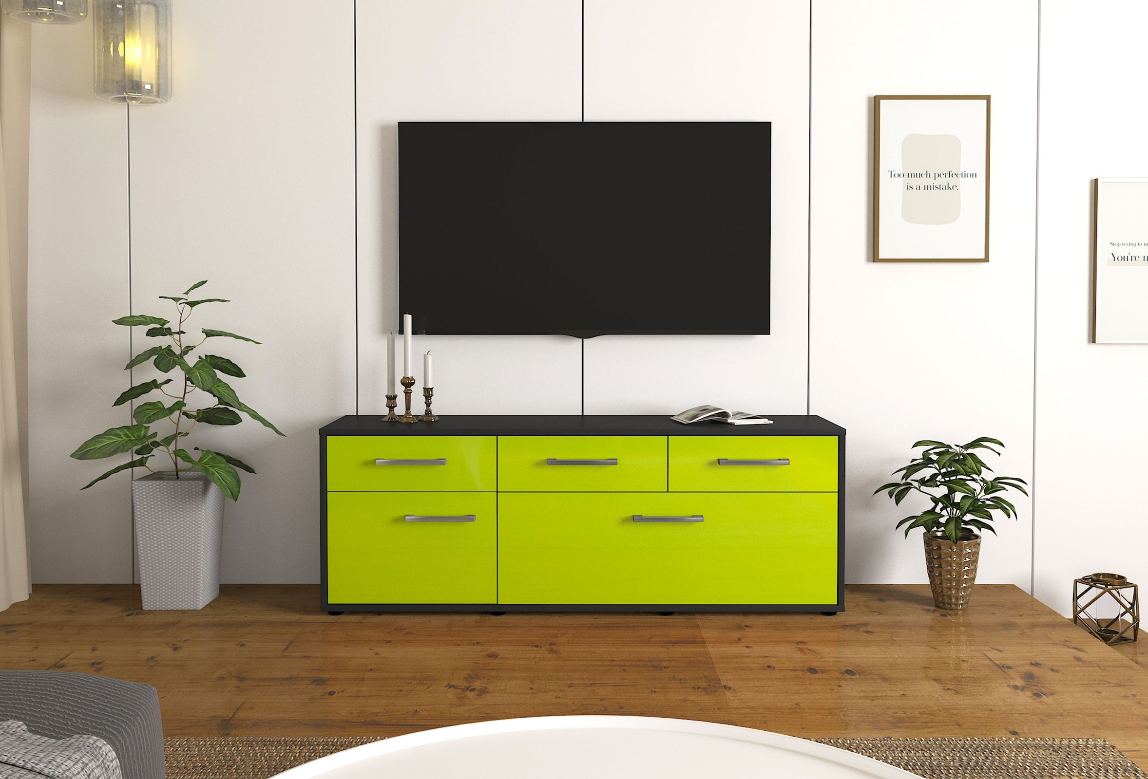 Lowboard - Anjelika - Design Hochglanz - Freistehend mit Griffe 136 cm Anthrazit