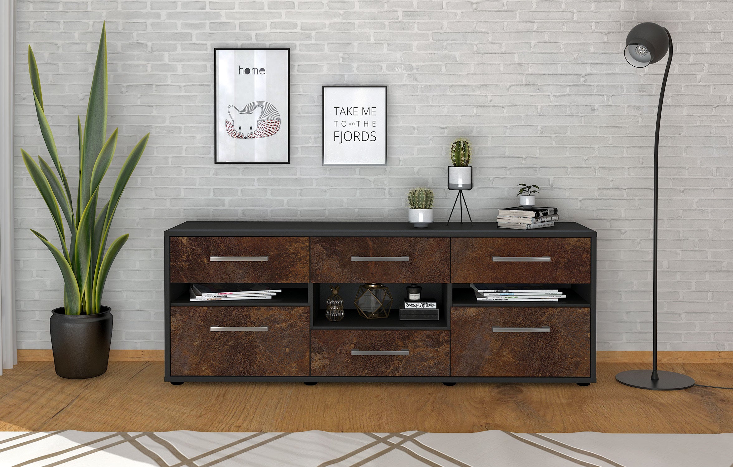 Lowboard - Annamaria - Design Industrie Stil - Freistehend mit Griffe 136 cm Anthrazit