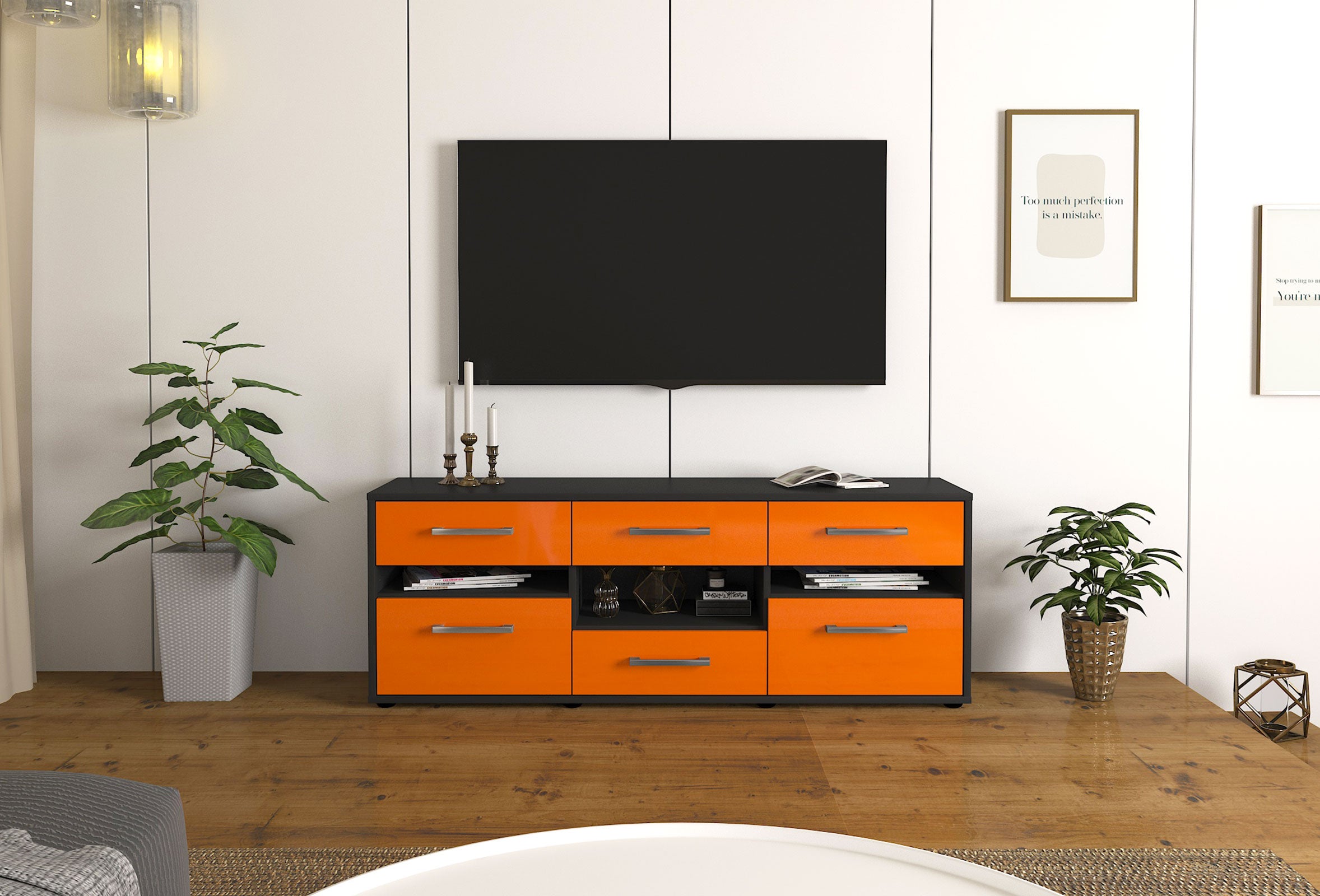 Lowboard - Annamaria - Design Hochglanz - Freistehend mit Griffe 136 cm Anthrazit