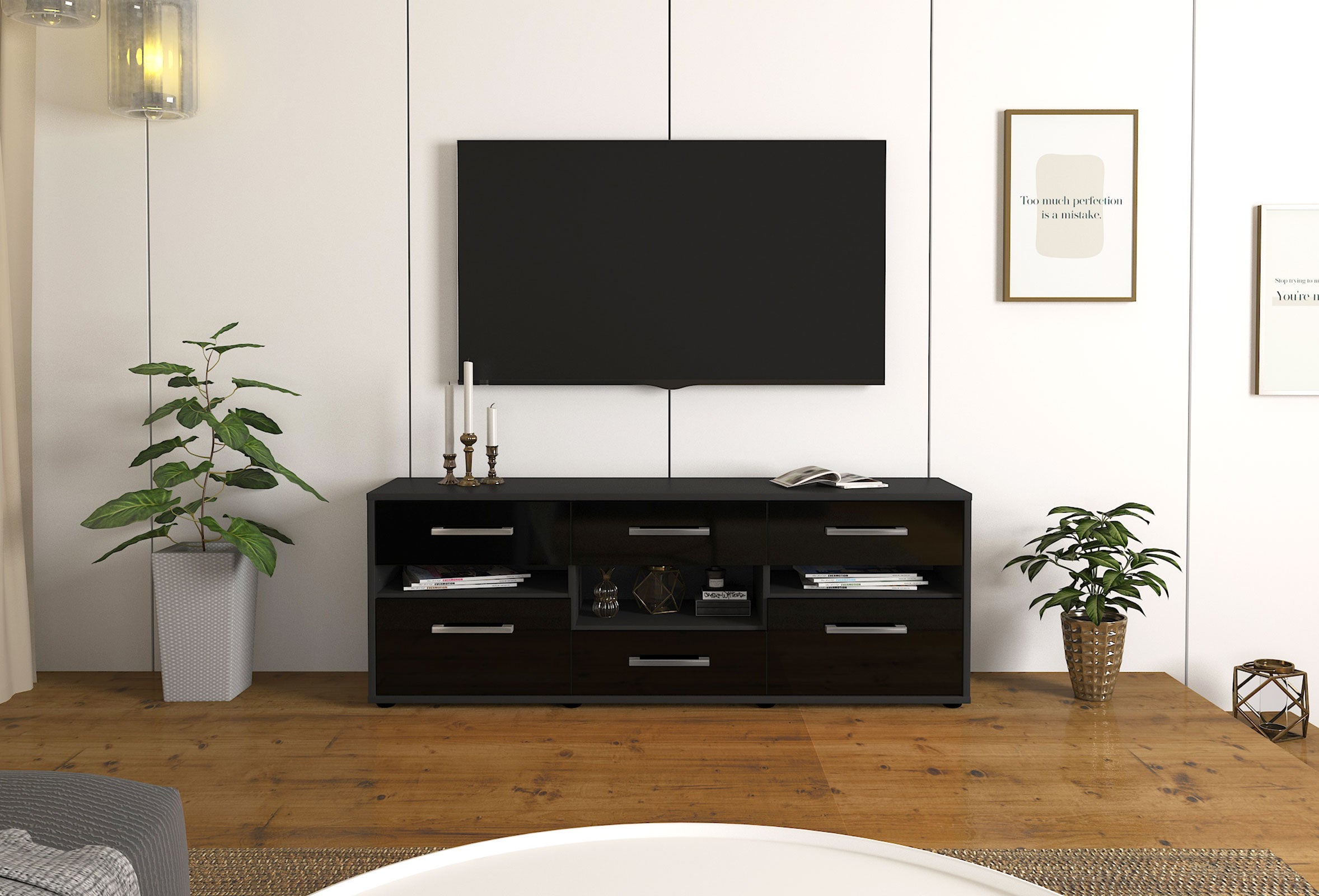 Lowboard - Annamaria - Design Hochglanz - Freistehend mit Griffe 136 cm Anthrazit