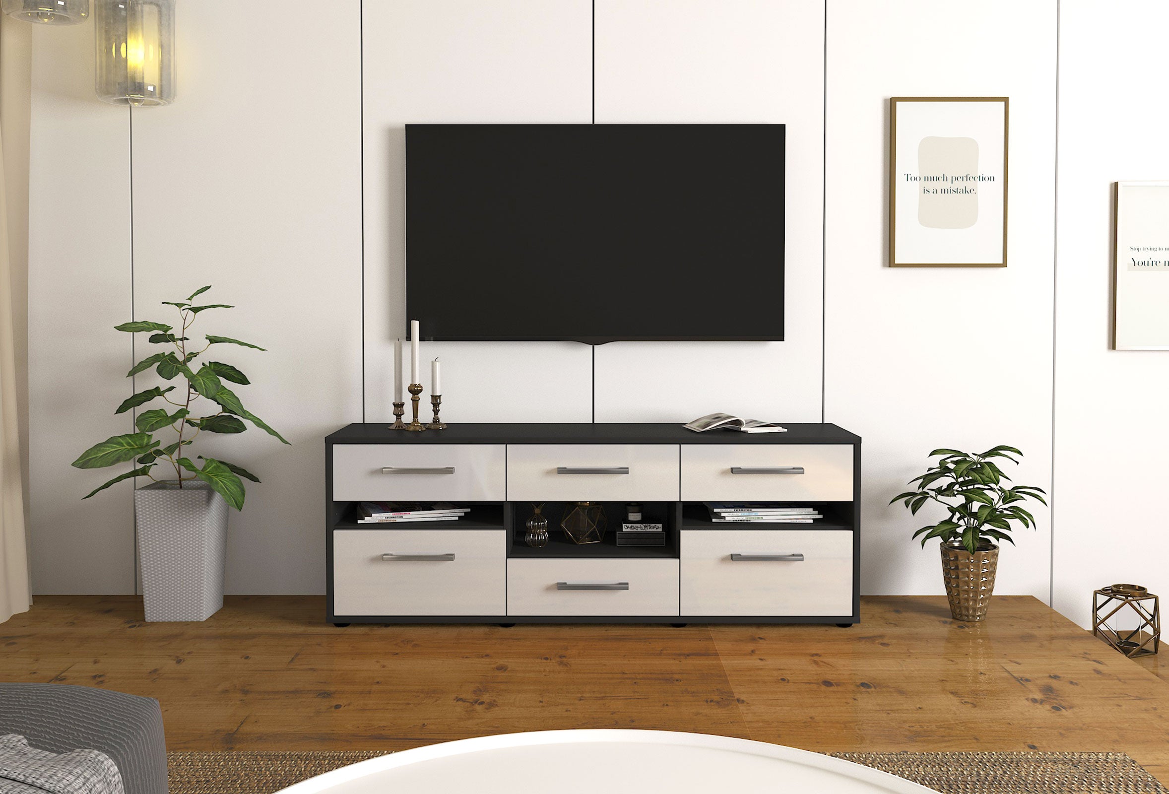 Lowboard - Annamaria - Design Hochglanz - Freistehend mit Griffe 136 cm Anthrazit