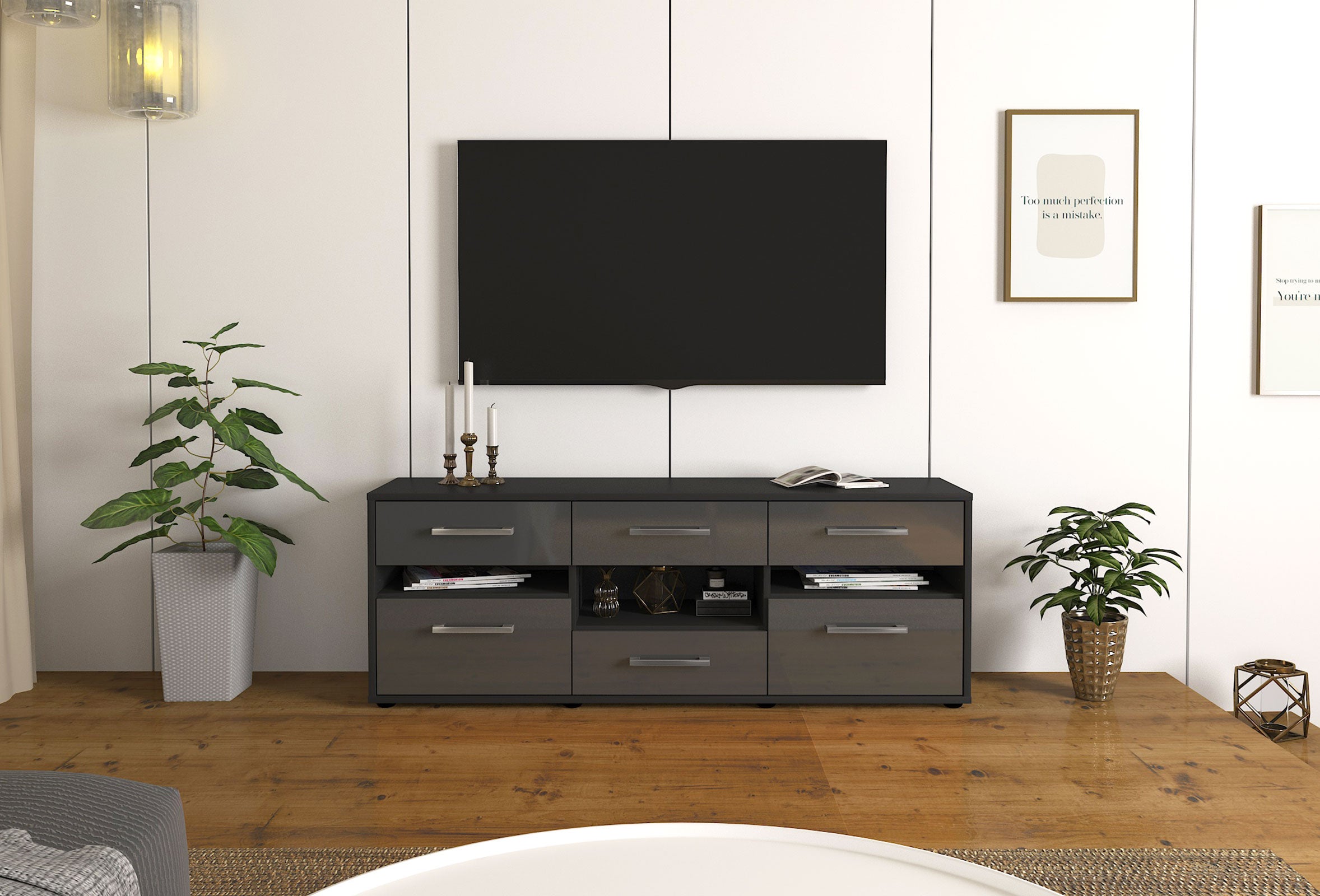 Lowboard - Annamaria - Design Hochglanz - Freistehend mit Griffe 136 cm Anthrazit
