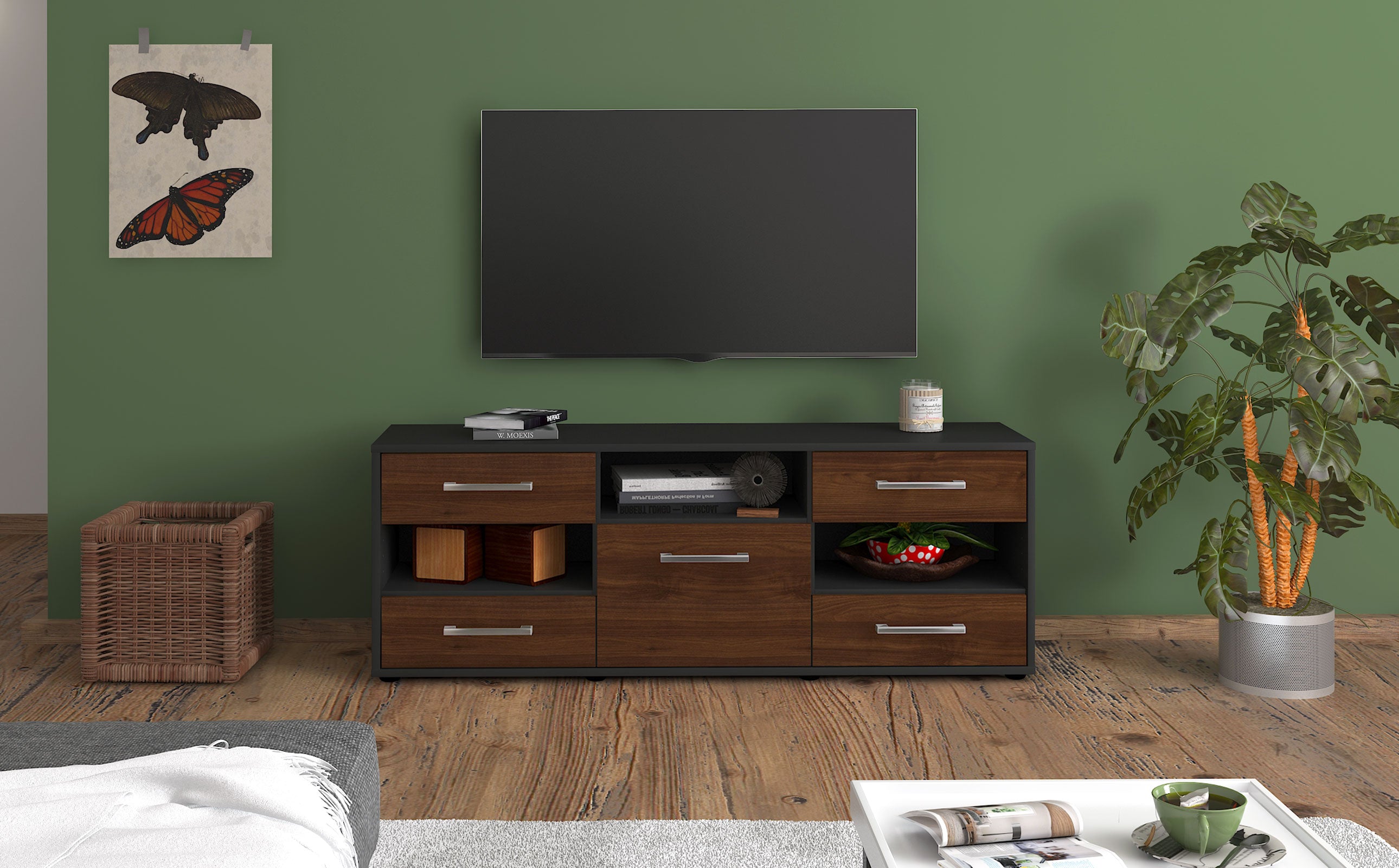 Lowboard - Annina - Design Holzdekor - Freistehend mit Griffe 136 cm Anthrazit