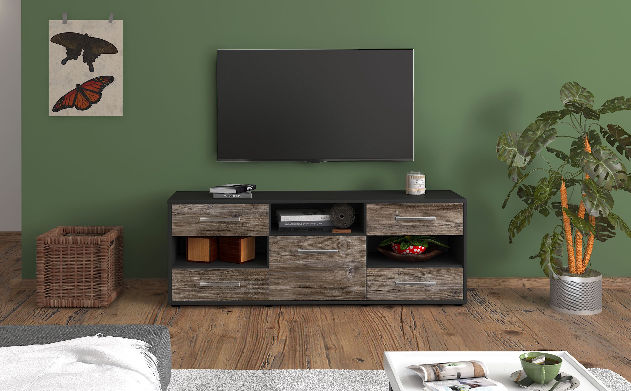 Lowboard - Annina - Design Holzdekor - Freistehend mit Griffe 136 cm Anthrazit