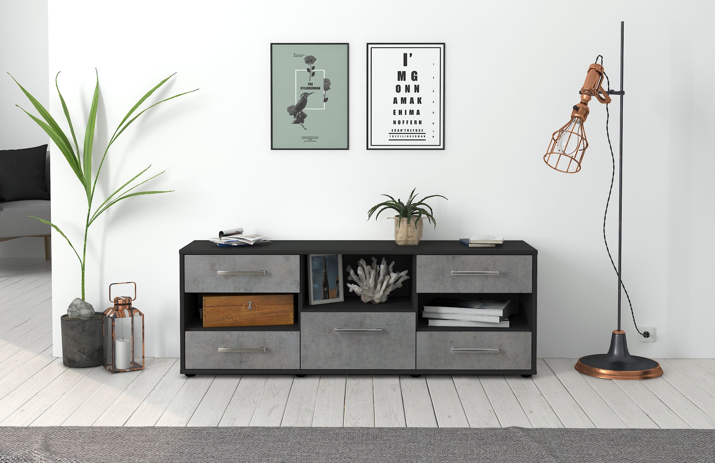 Lowboard - Annunziata - Design Industrie Stil - Freistehend mit Griffe 136 cm Anthrazit
