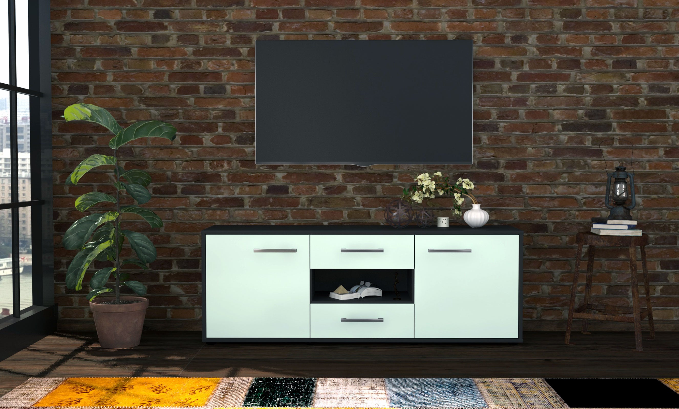 Lowboard - Antonella - Design Farbakzent - Freistehend mit Griffe 136 cm Anthrazit