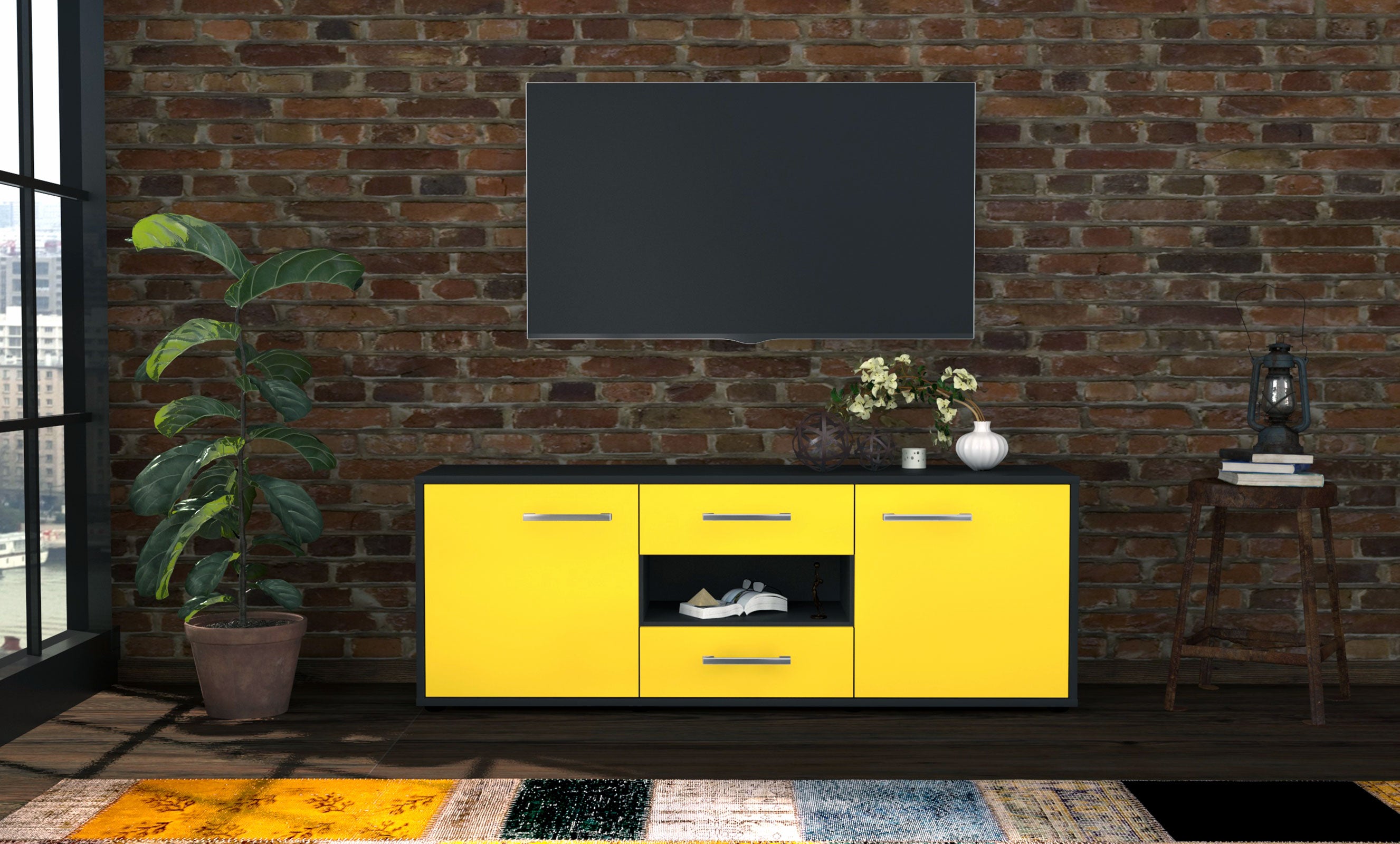 Lowboard - Antonella - Design Farbakzent - Freistehend mit Griffe 136 cm Anthrazit