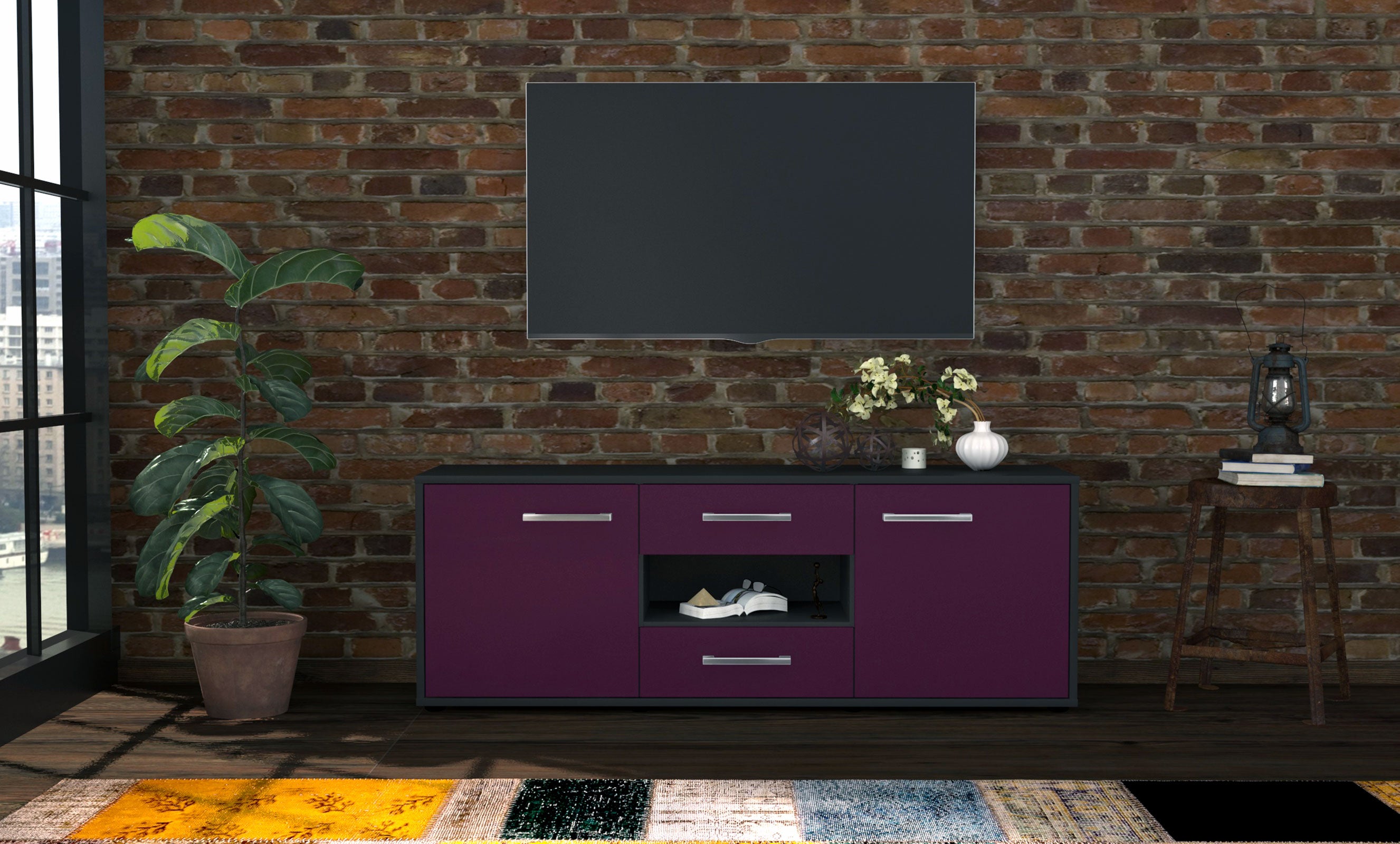 Lowboard - Antonella - Design Farbakzent - Freistehend mit Griffe 136 cm Anthrazit