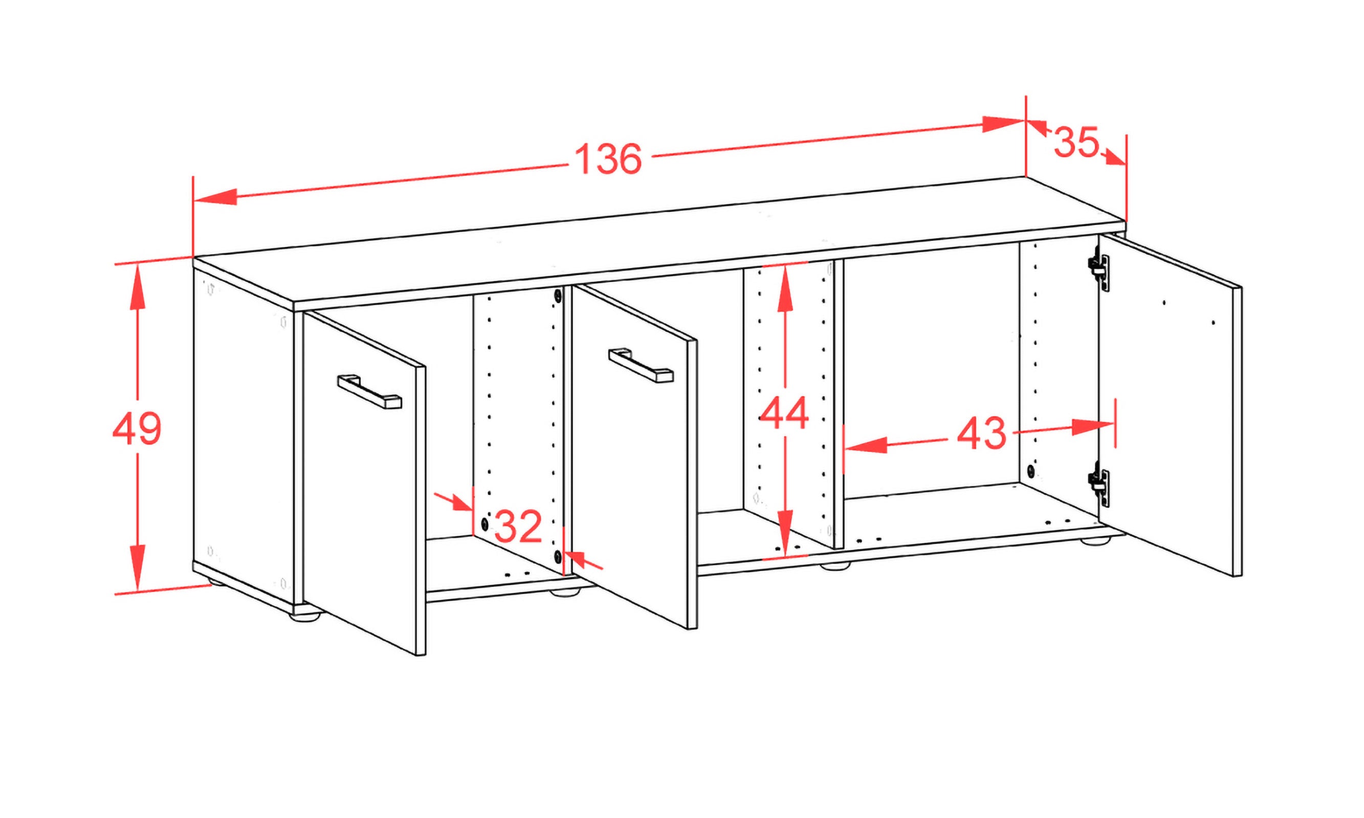 Lowboard - Allegra - Design Holzdekor - Freistehend mit Griffe 136 cm Anthrazit