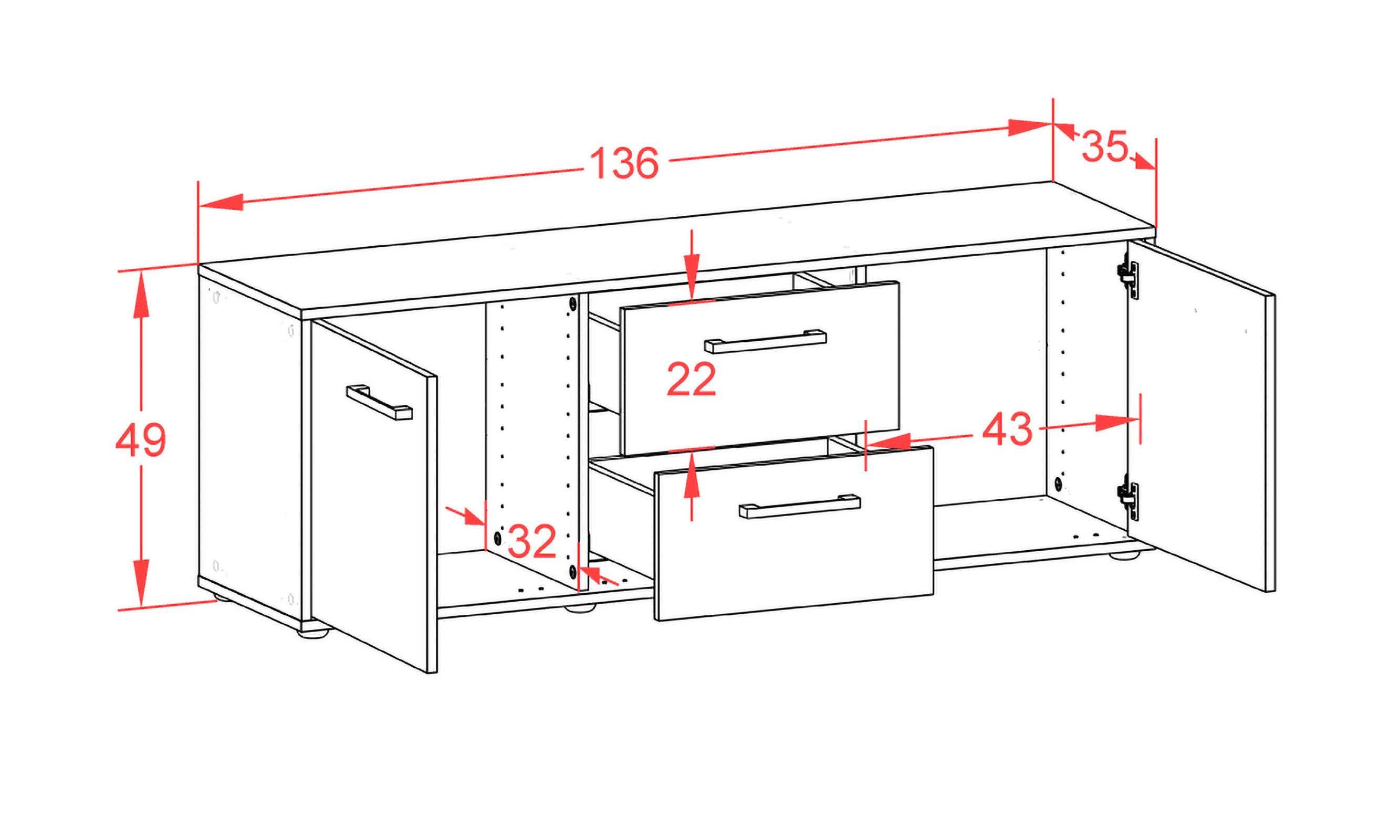 Lowboard - Alma - Design Holzdekor - Freistehend mit Griffe 136 cm Anthrazit