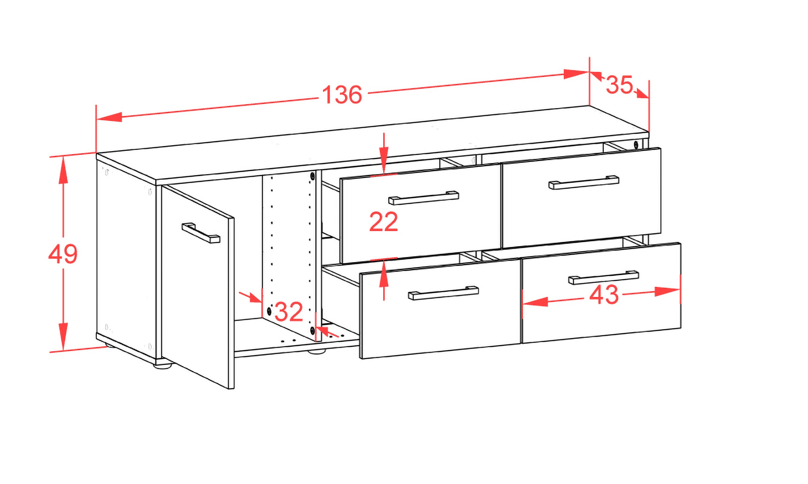 Lowboard - Aloisia - Design Holzdekor - Freistehend mit Griffe 136 cm Anthrazit