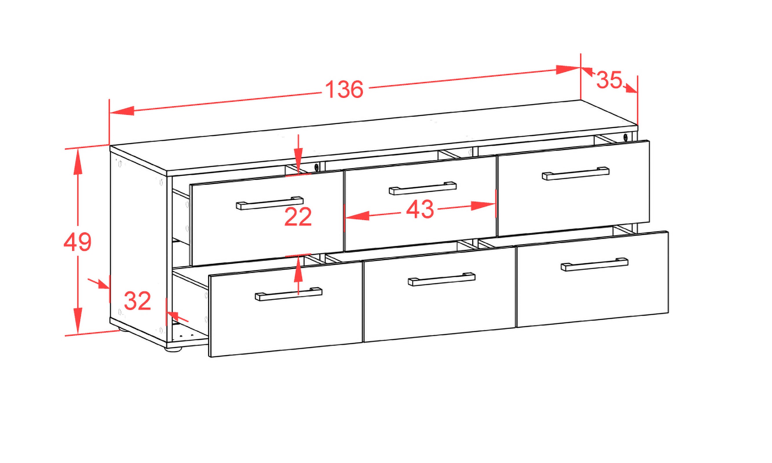 Lowboard - Alva - Design Hochglanz - Freistehend mit Griffe 136 cm Anthrazit