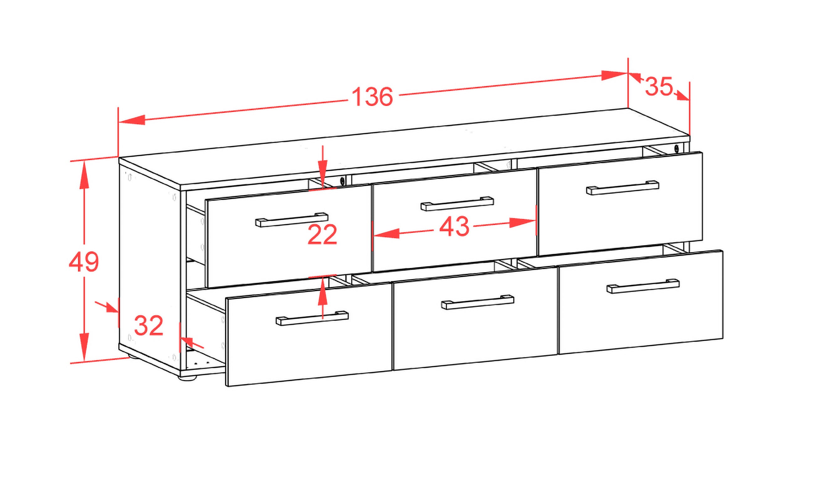 Lowboard - Alva - Design Hochglanz - Freistehend mit Griffe 136 cm Weiss