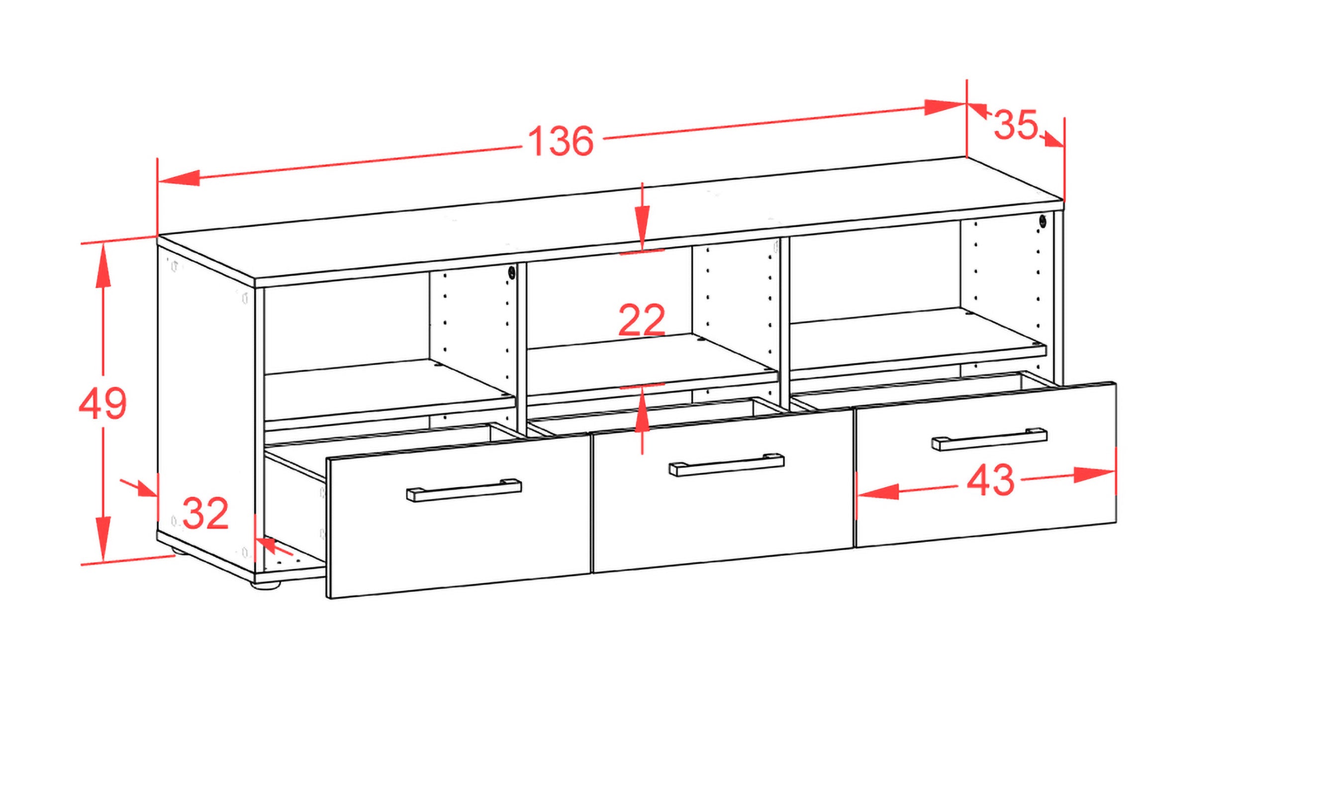 Lowboard - Amalia - Design Hochglanz - Freistehend mit Griffe 136 cm Anthrazit