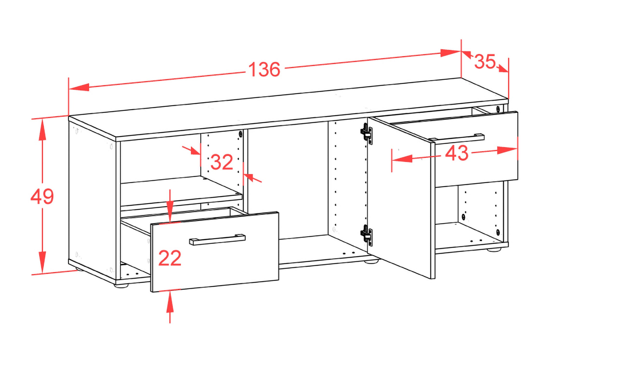 Lowboard - Ambra - Design Farbakzent - Freistehend mit Griffe 136 cm Anthrazit