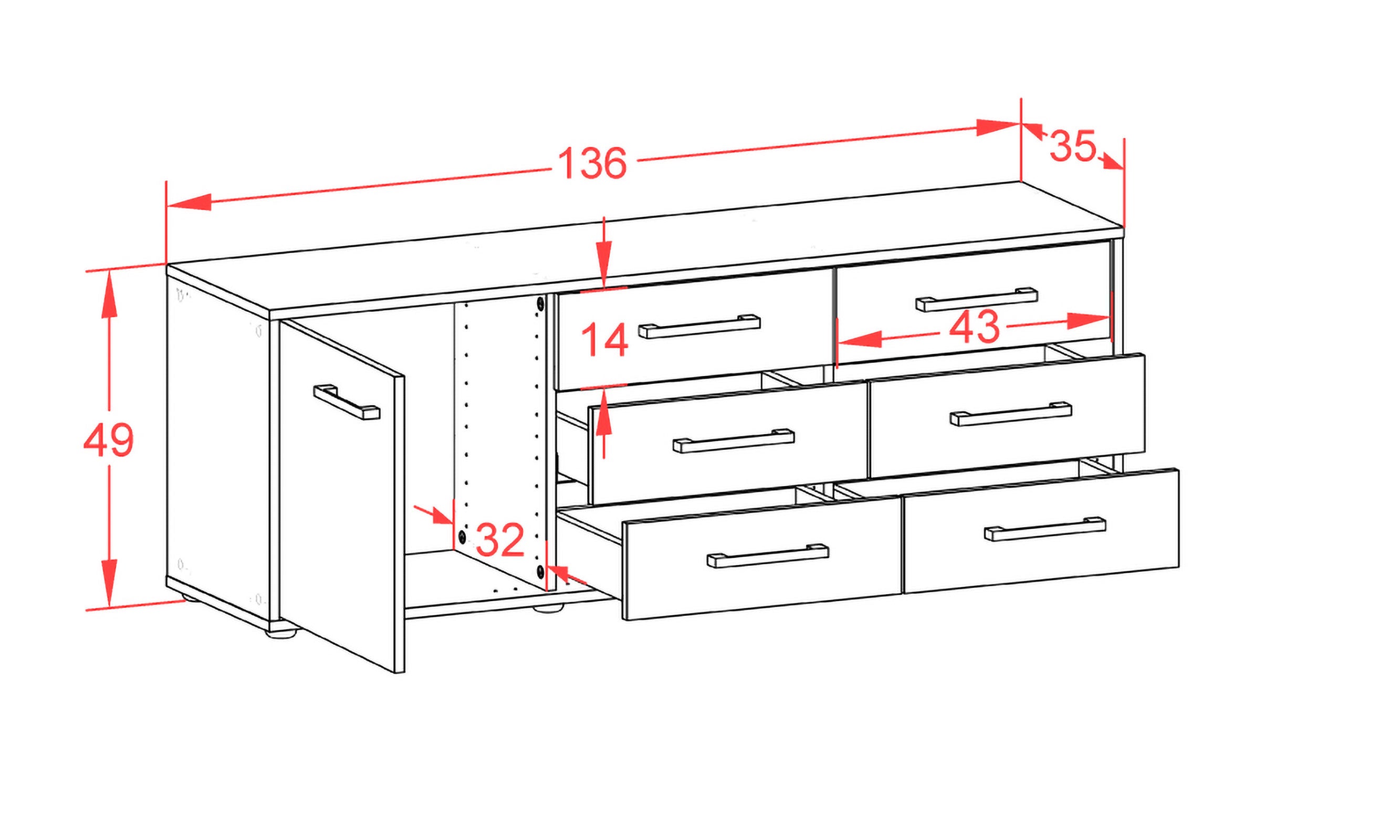 Lowboard - Amedea - Design Farbakzent - Freistehend mit Griffe 136 cm Anthrazit