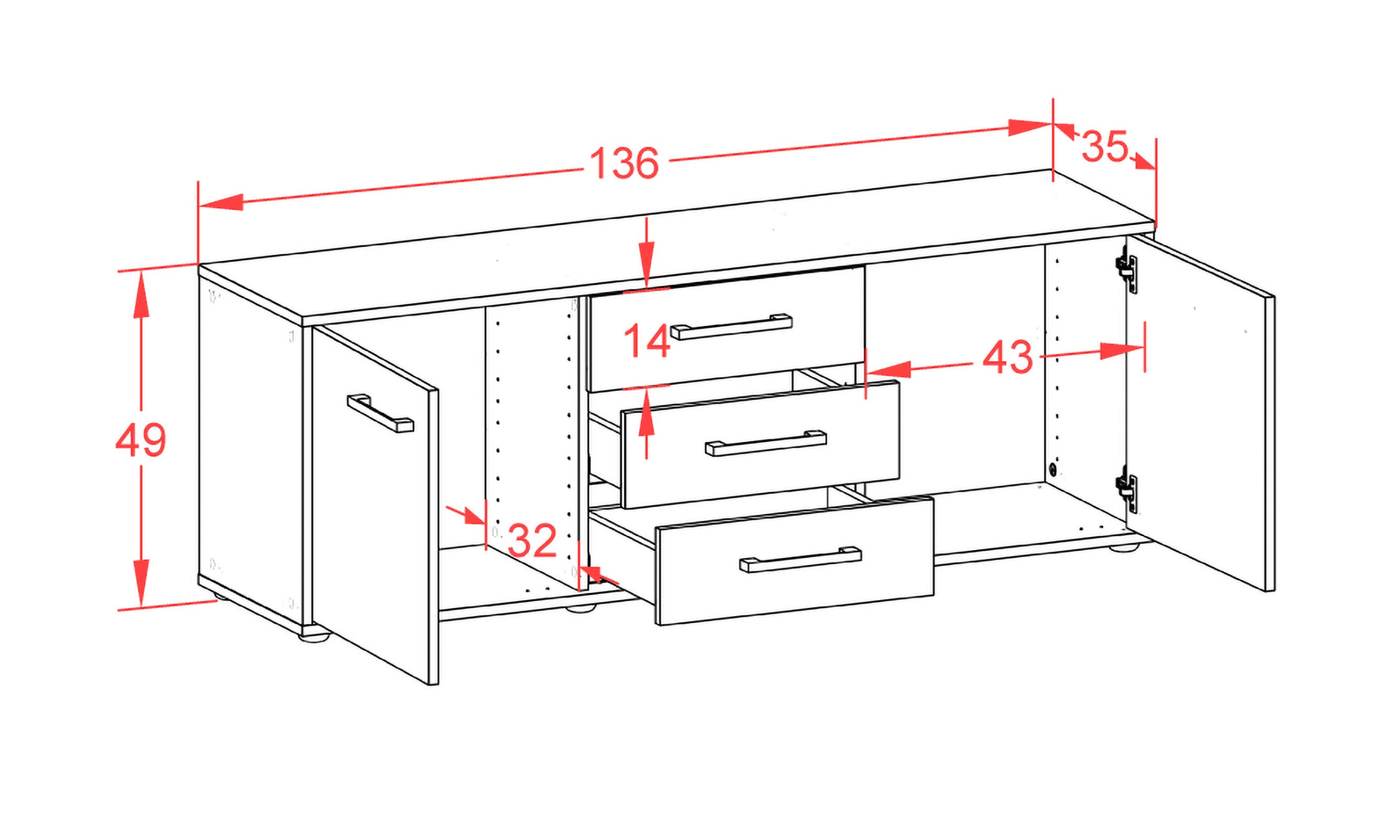 Lowboard - Ameline - Design Farbakzent - Freistehend mit Griffe 136 cm Anthrazit