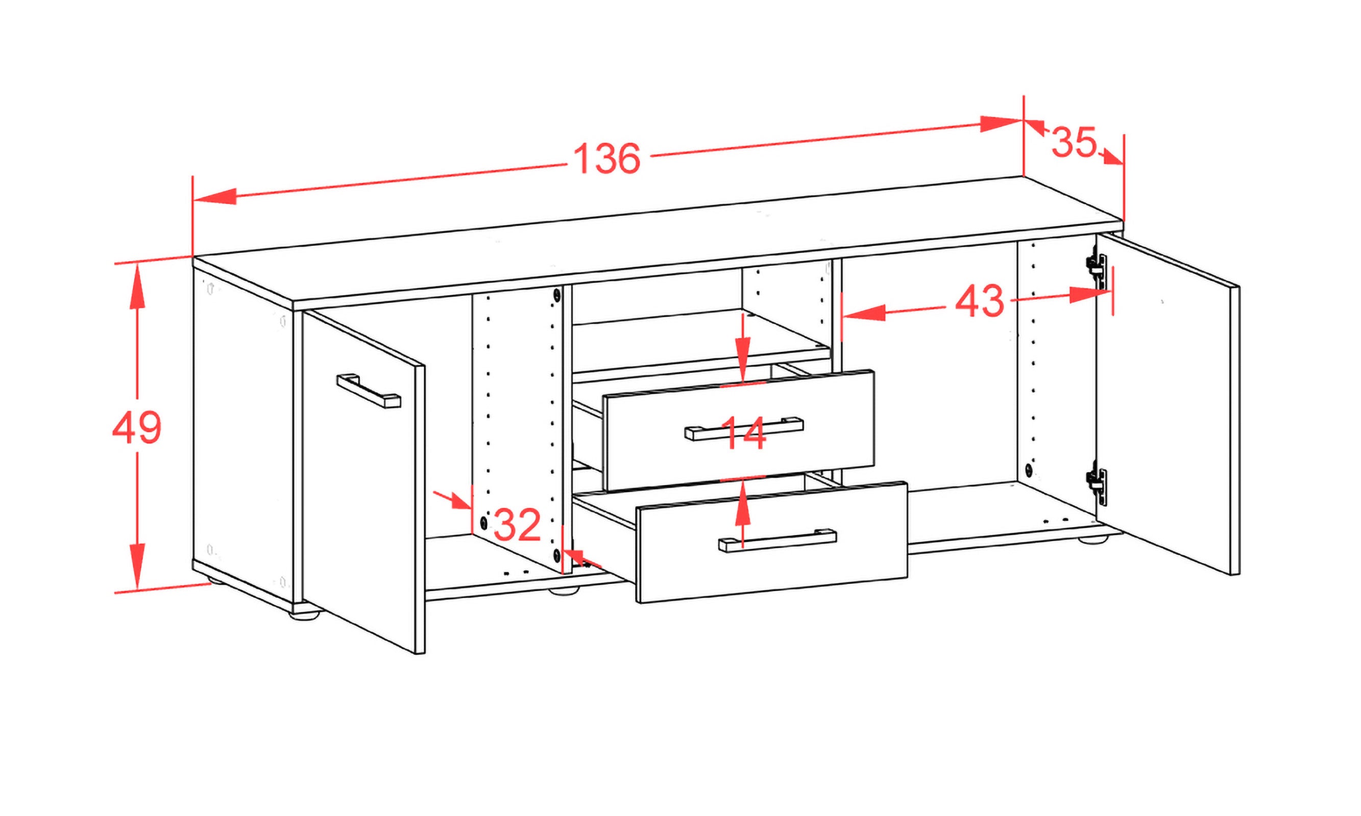 Lowboard - Ameriga - Design Holzdekor - Freistehend mit Griffe 136 cm Weiss