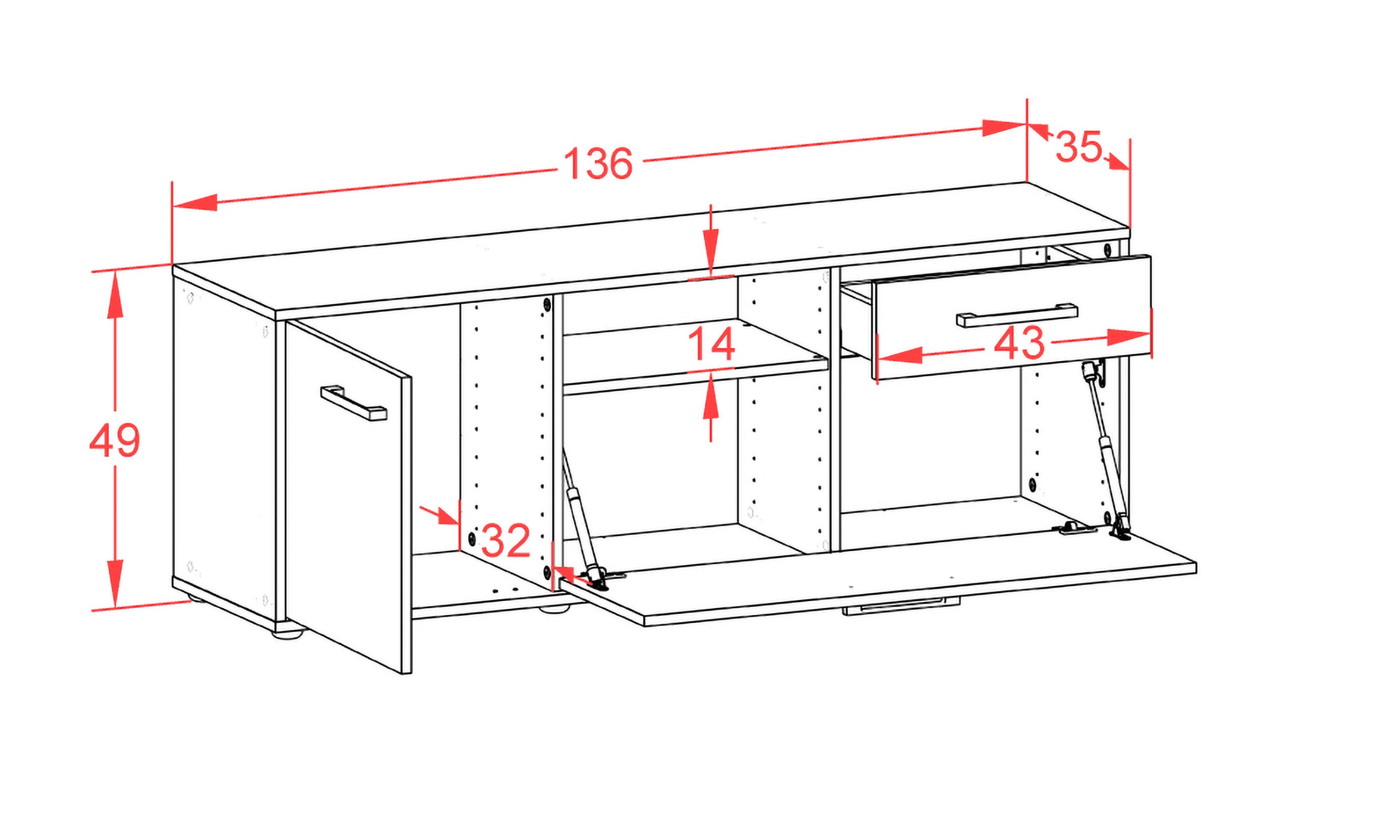 Lowboard - Amila - Design Holzdekor - Freistehend mit Griffe 136 cm Anthrazit