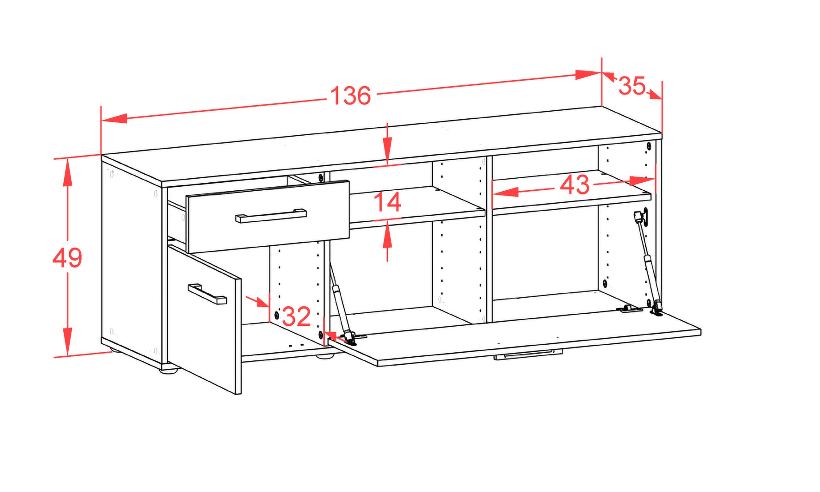 Lowboard - Amisa - Design Farbakzent - Freistehend mit Griffe 136 cm Anthrazit