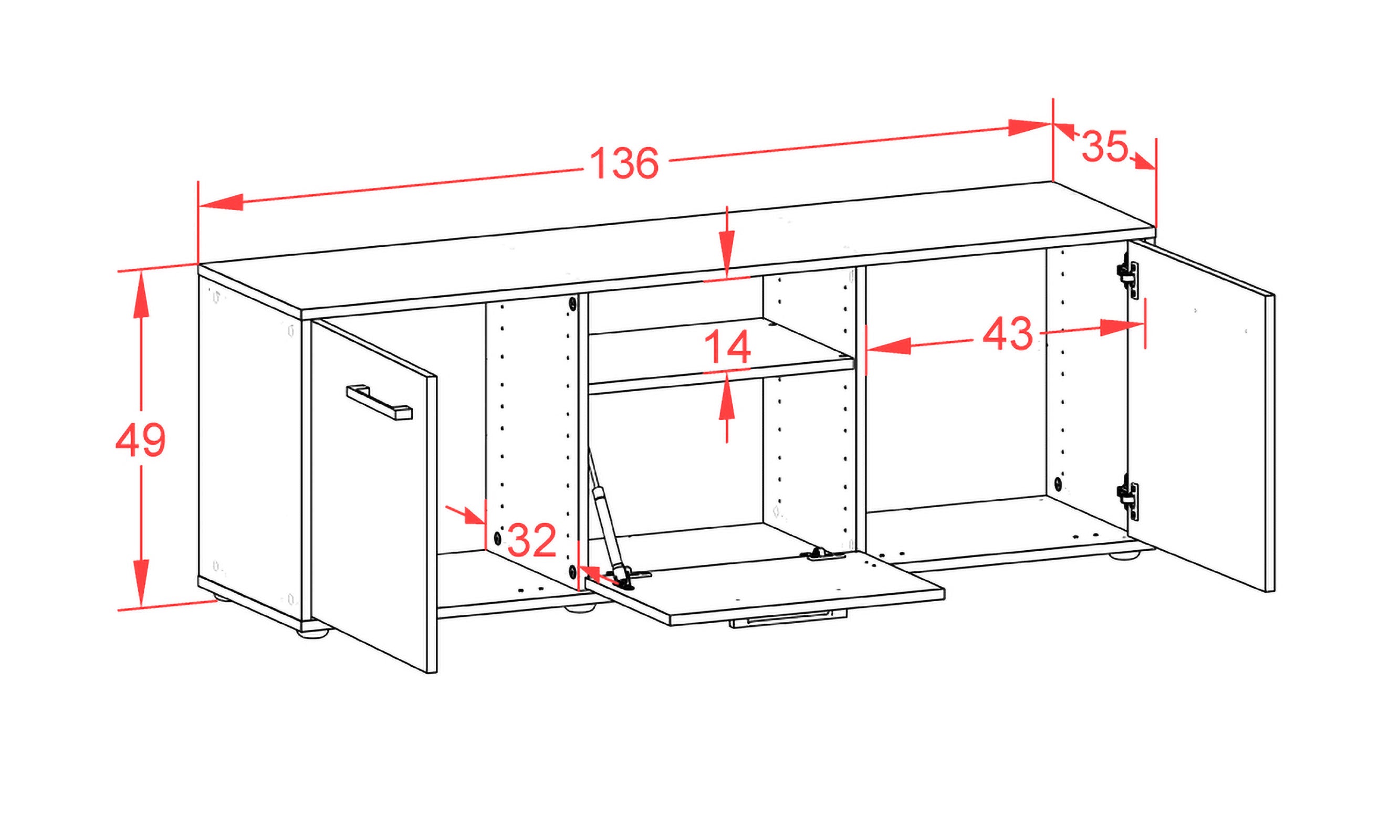 Lowboard - Andreana - Design Holzdekor - Freistehend mit Griffe 136 cm Anthrazit