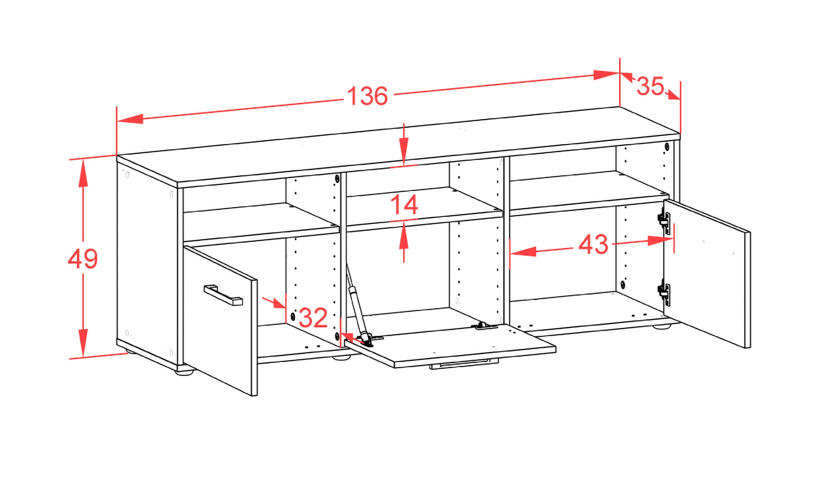 Lowboard - Andrina - Design Hochglanz - Freistehend mit Griffe 136 cm Anthrazit