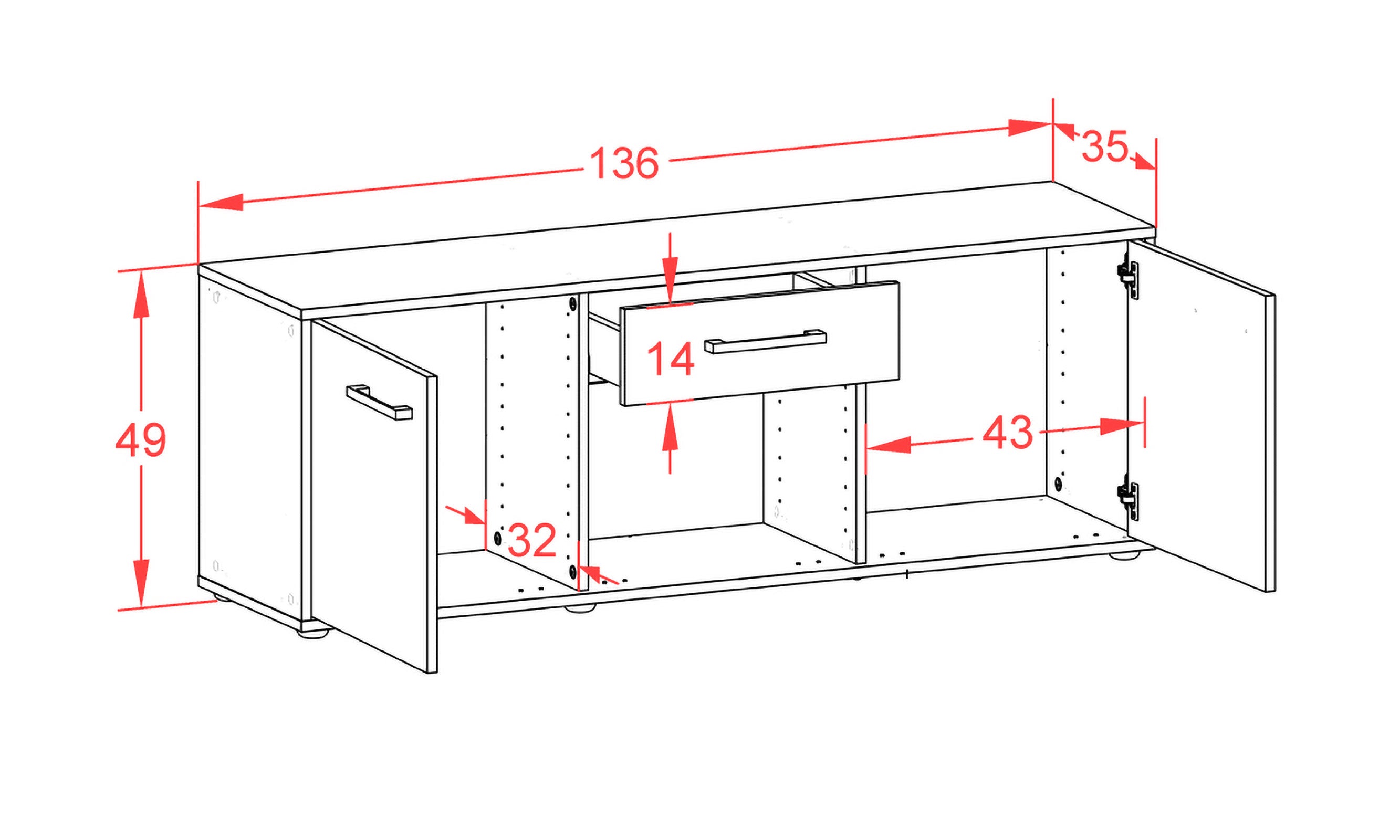 Lowboard - Anella - Design Farbakzent - Freistehend mit Griffe 136 cm Anthrazit