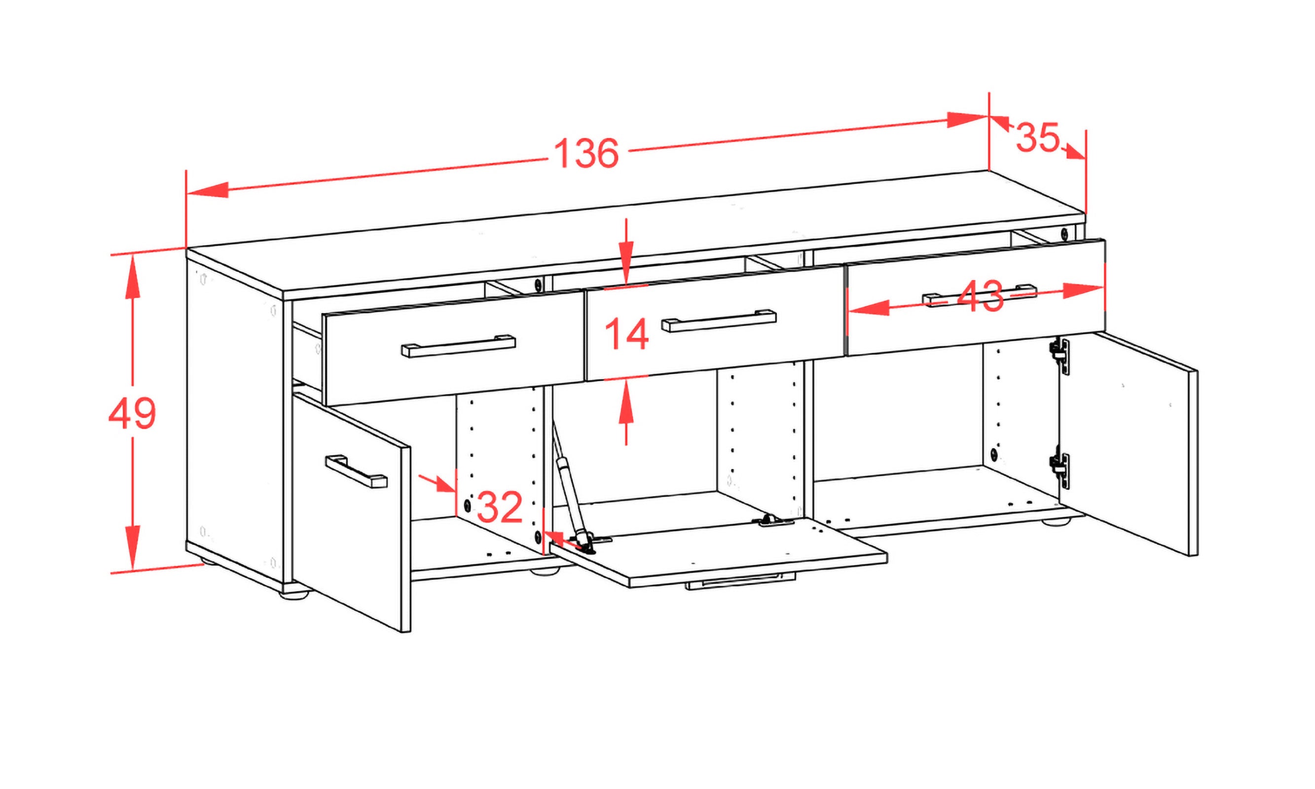 Lowboard - Angela - Design Holzdekor - Freistehend mit Griffe 136 cm Anthrazit