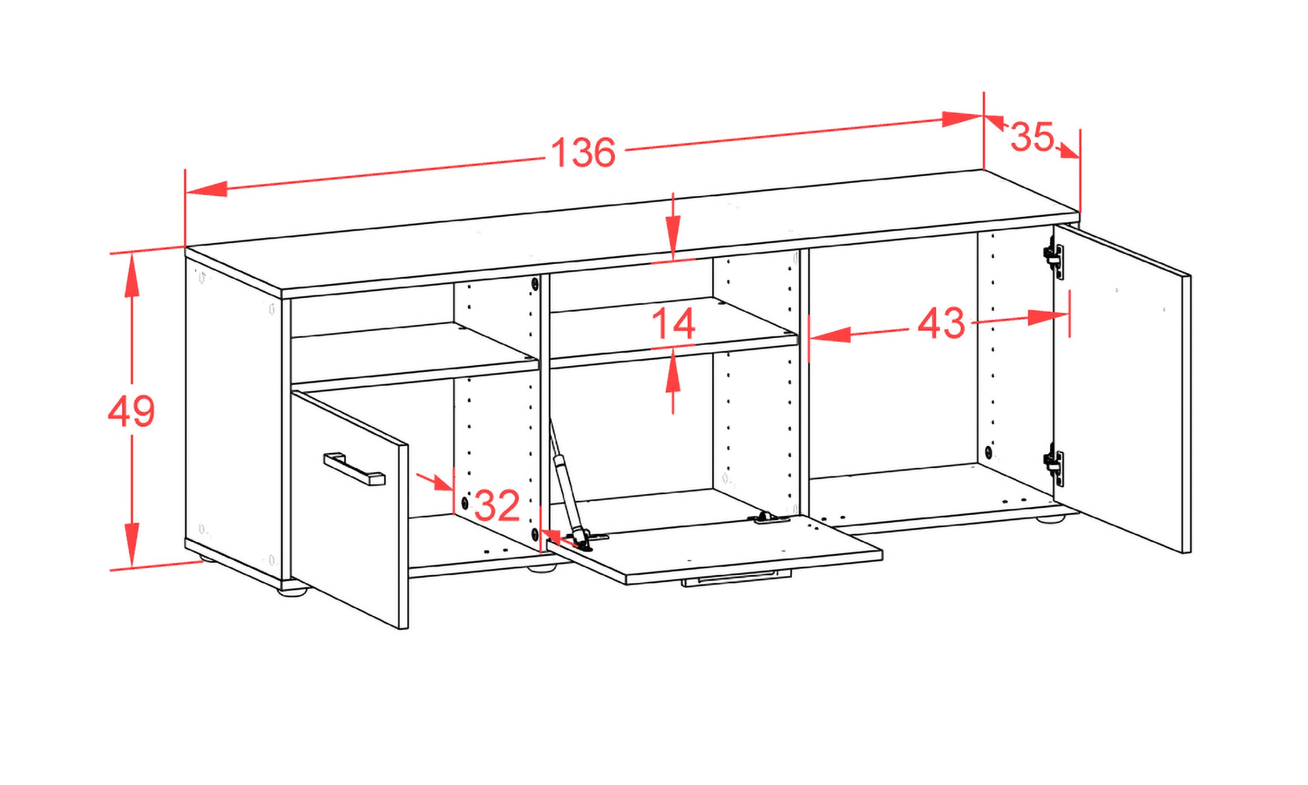 Lowboard - Anina - Design Holzdekor - Freistehend mit Griffe 136 cm Anthrazit