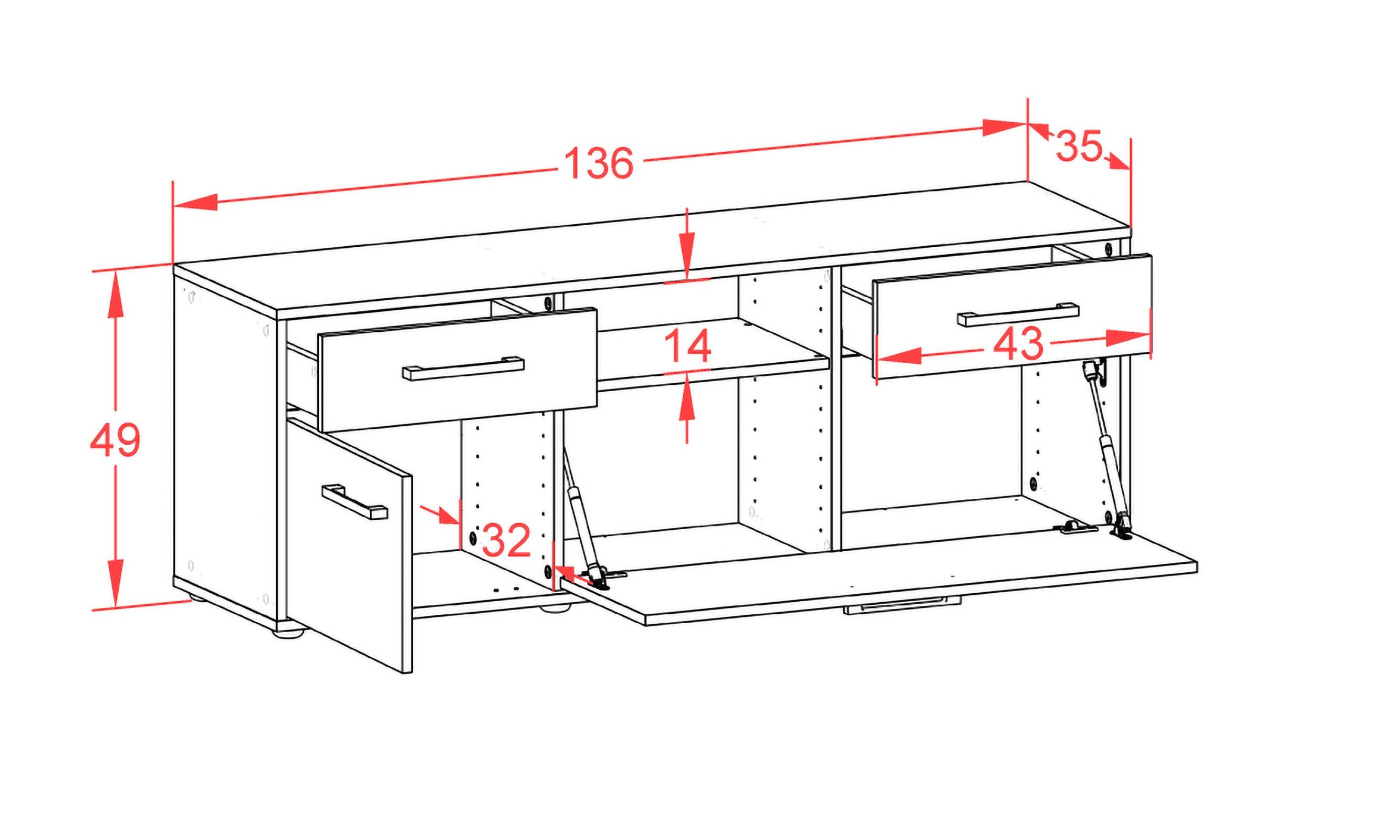 Lowboard - Anjelika - Design Farbakzent - Freistehend mit Griffe 136 cm Anthrazit