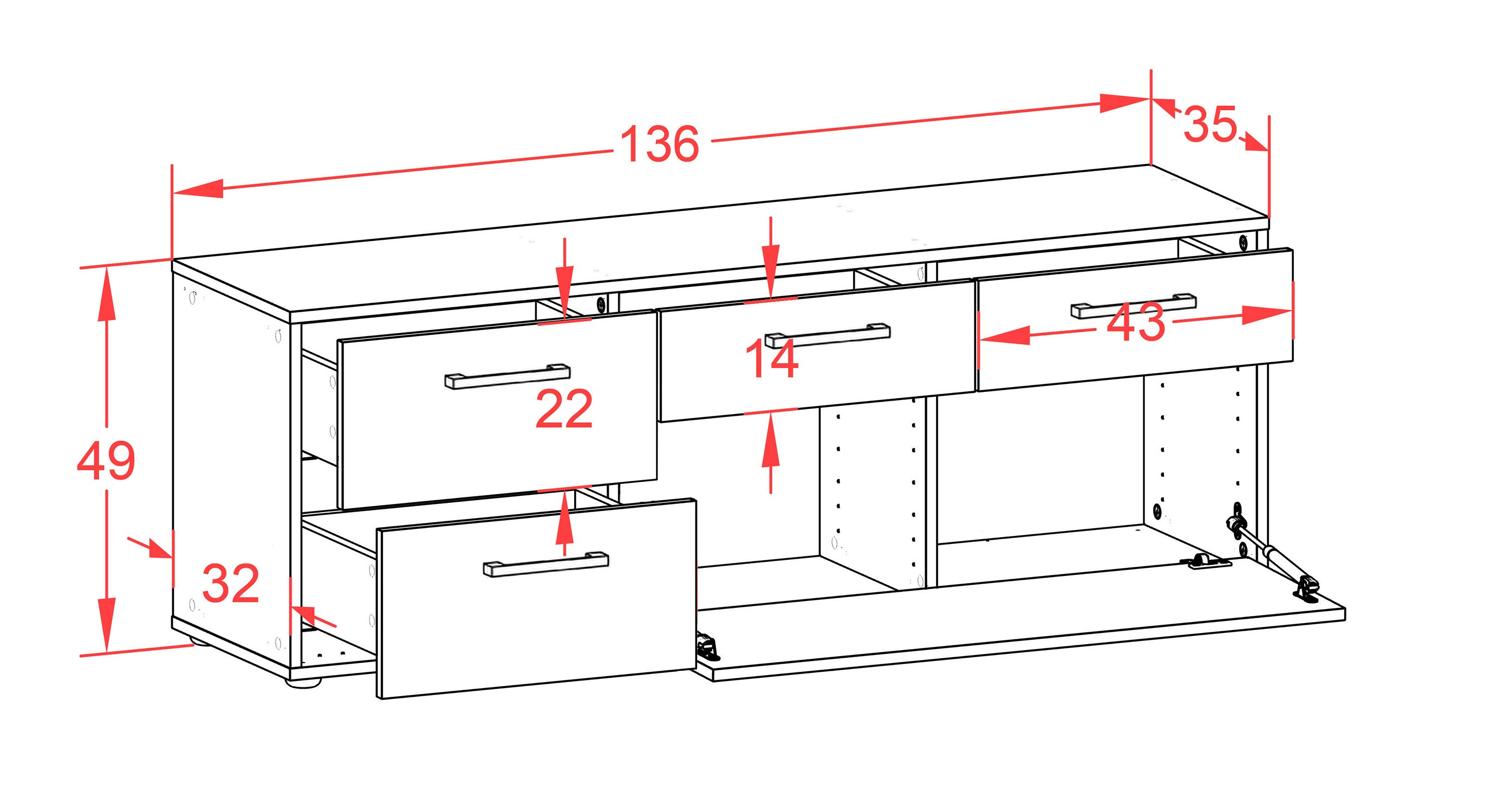 Lowboard - Anna - Design Holzdekor - Freistehend mit Griffe 136 cm Anthrazit